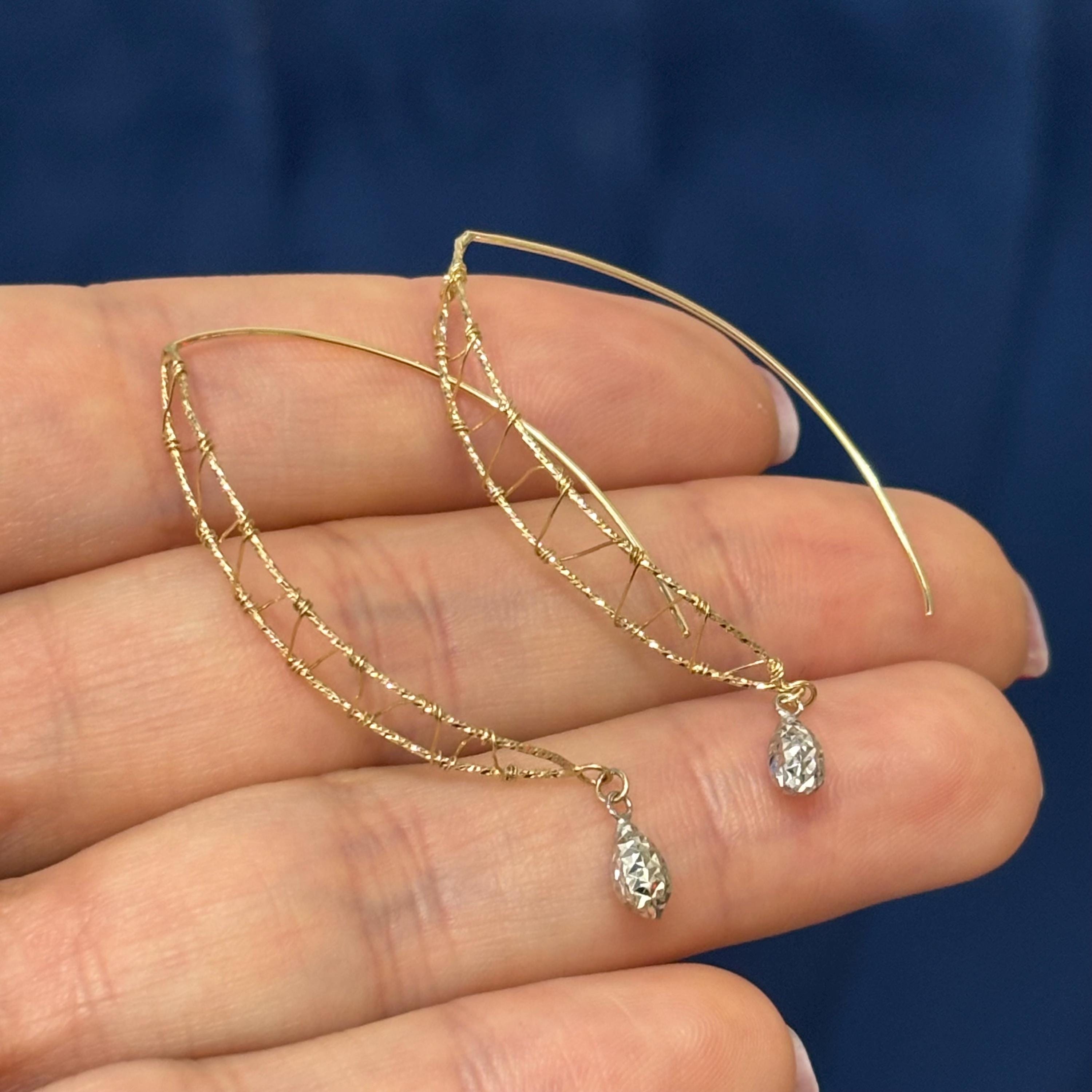 14k Two-tone Wire Wrapped Diamond-cut Wire Dangle Earrings