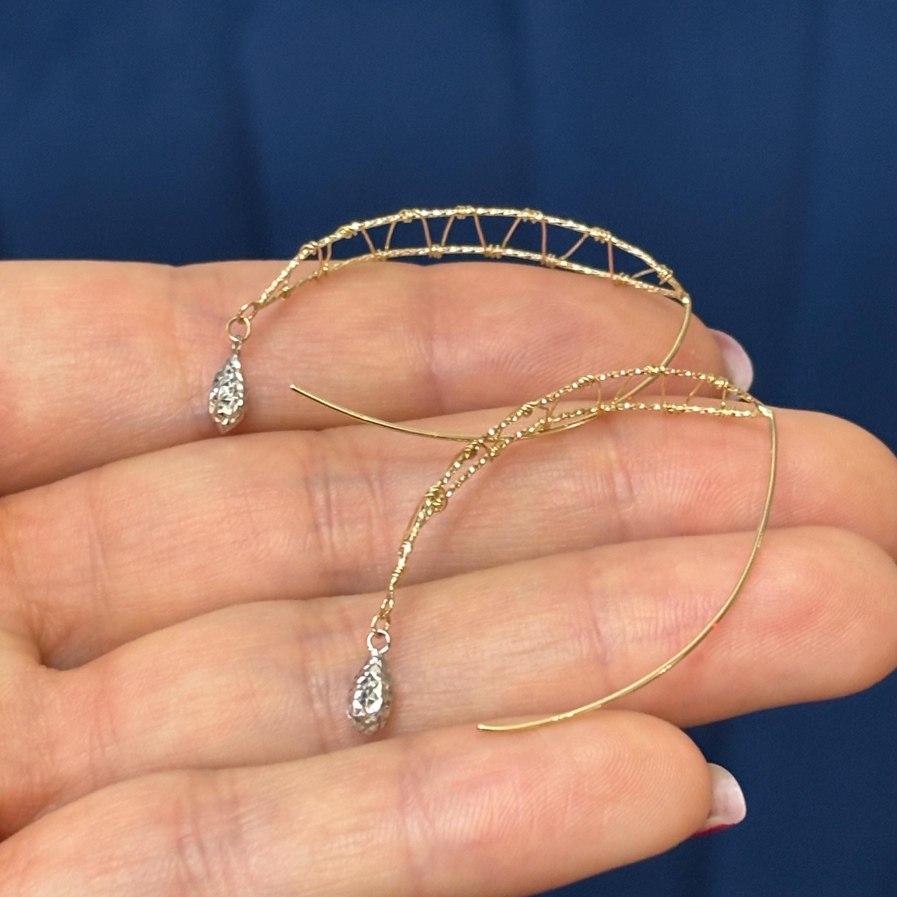 14k Two-tone Wire Wrapped Diamond-cut Wire Dangle Earrings
