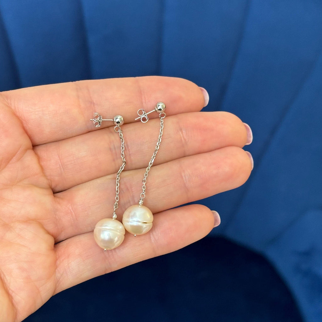 14k White Gold Pink Cultured Pearl Chain Dangle Earrings