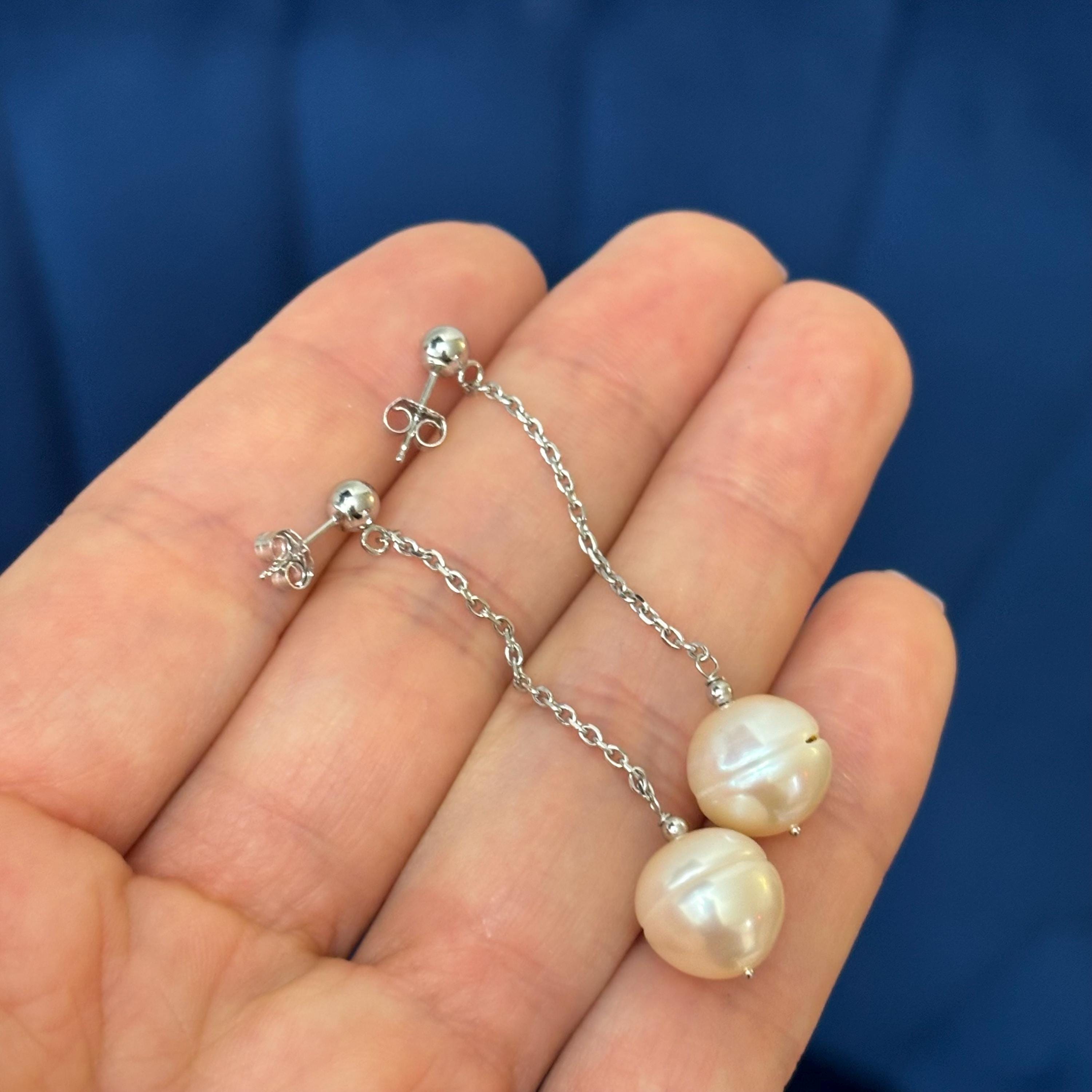 14k White Gold Pink Cultured Pearl Chain Dangle Earrings