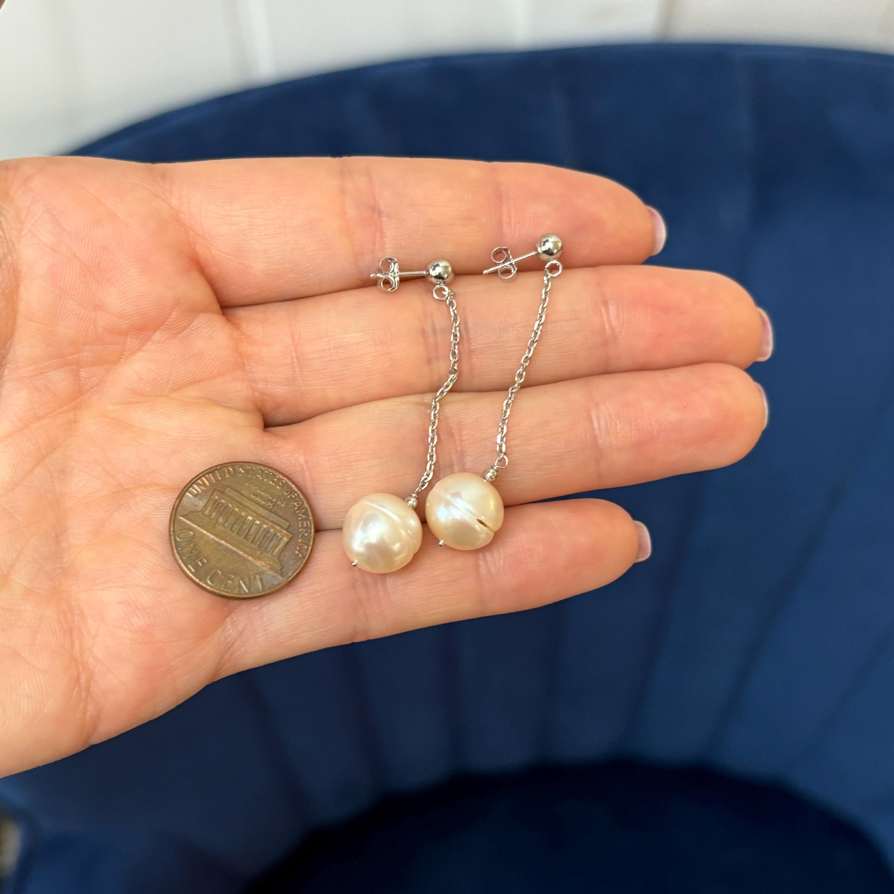 14k White Gold Pink Cultured Pearl Chain Dangle Earrings