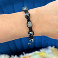 Hematite and Crystal Bead on Black Corded Slip-on Stretch Bracelet