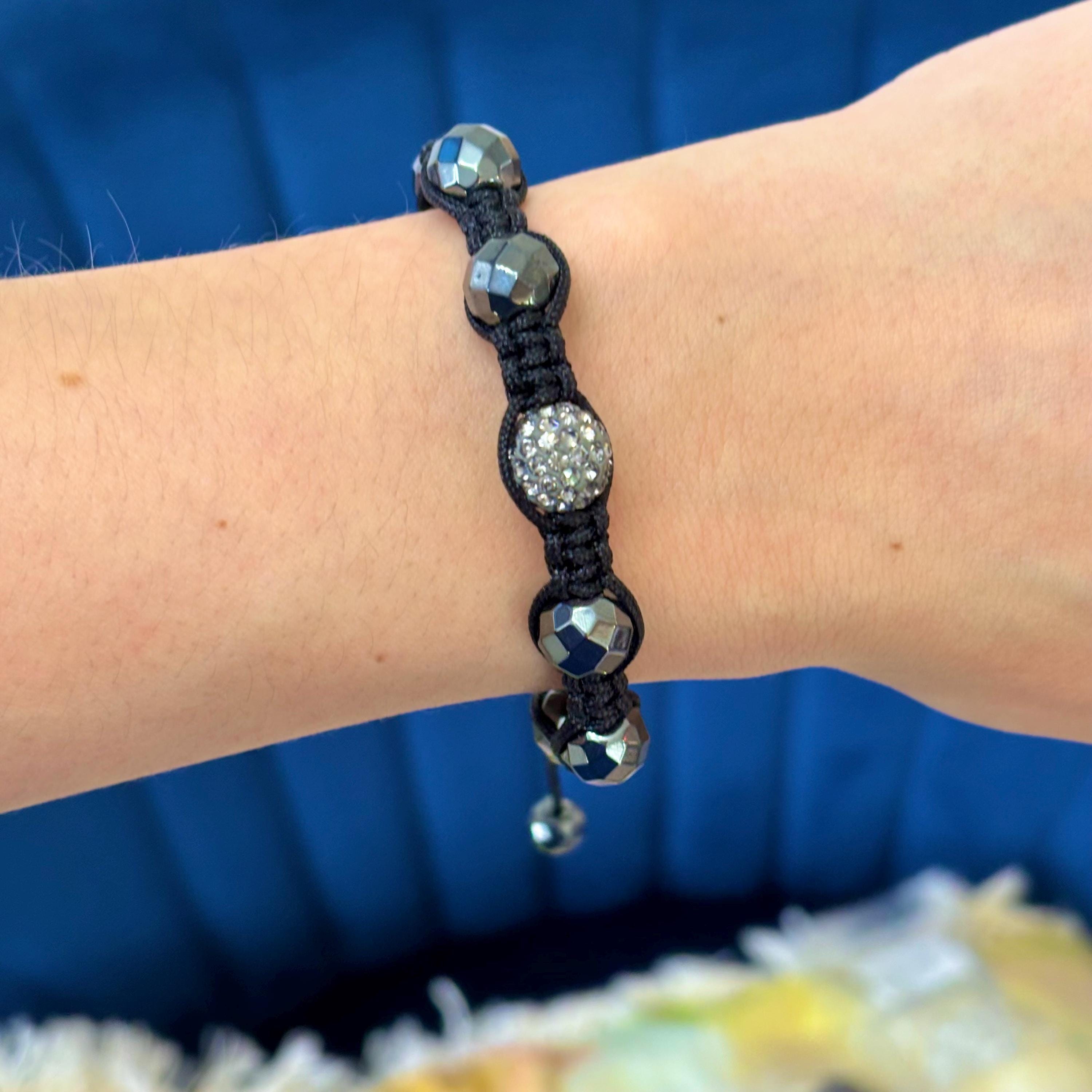 Hematite and Crystal Bead on Black Corded Slip-on Stretch Bracelet