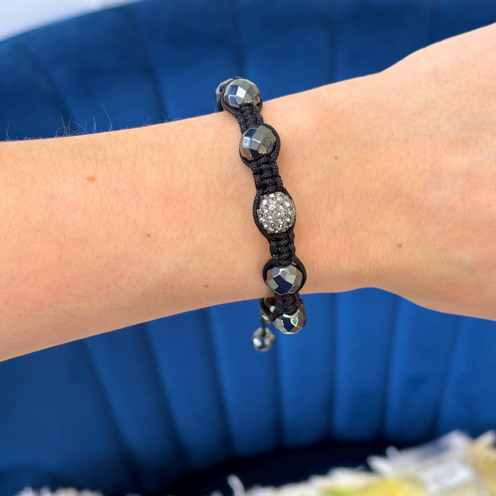 Hematite and Crystal Bead on Black Corded Slip-on Stretch Bracelet
