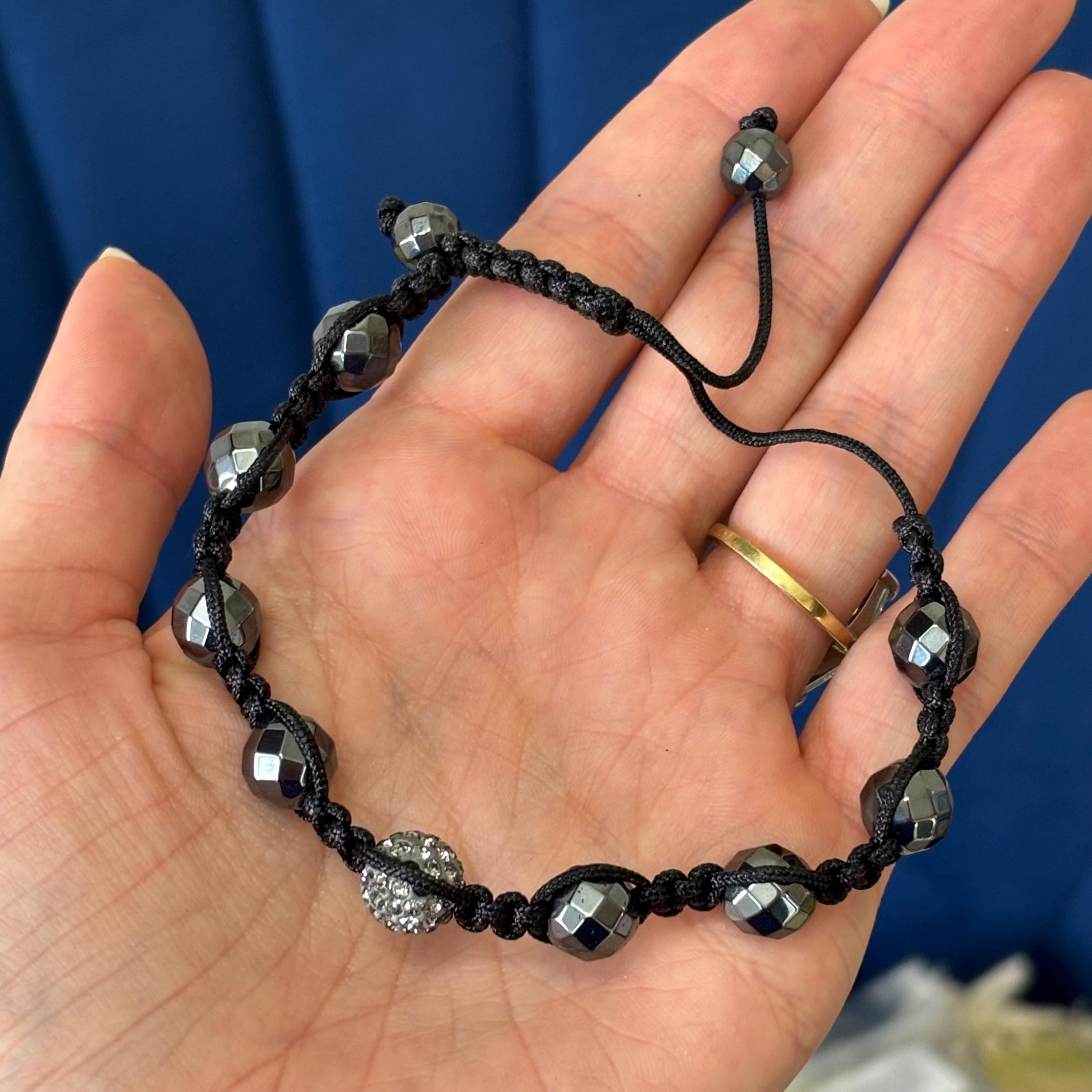 Hematite and Crystal Bead on Black Corded Slip-on Stretch Bracelet