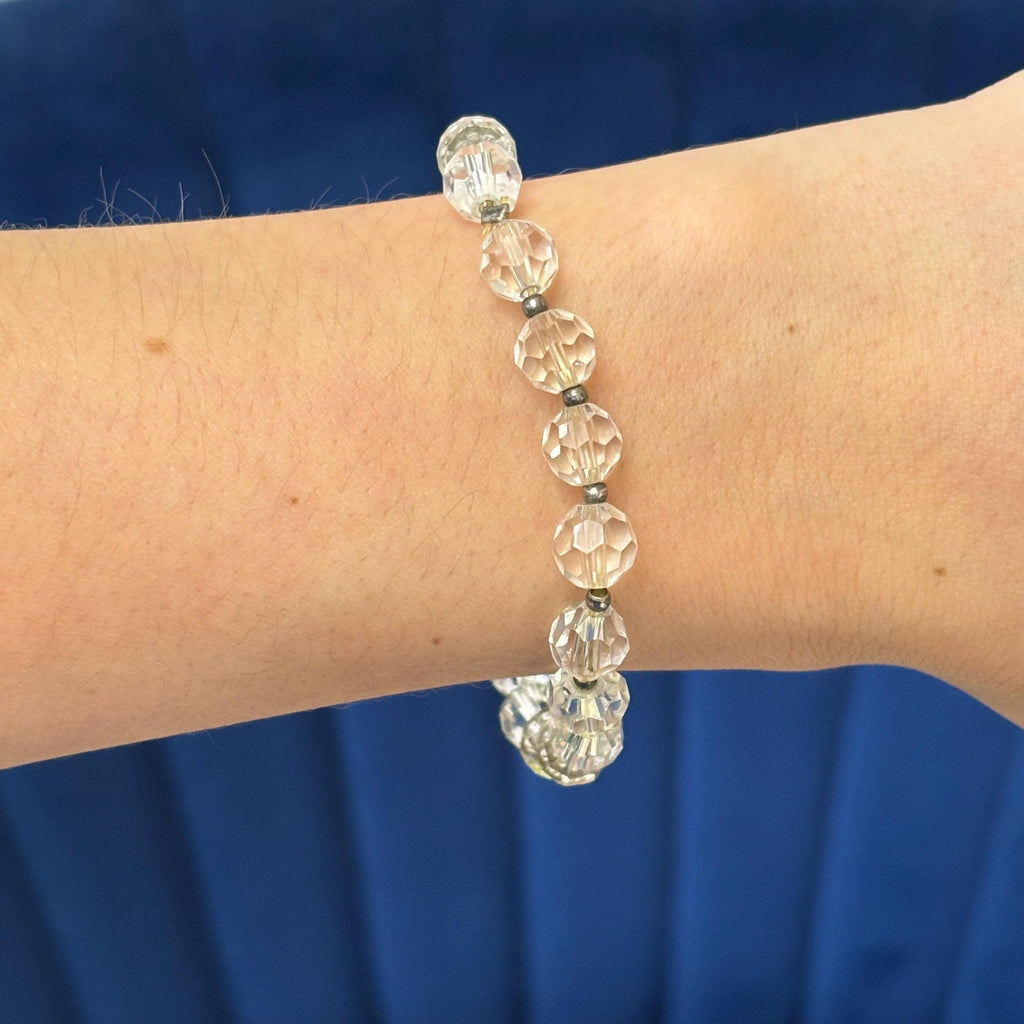 Silver-tone Clear Crystal Bead Slip-on Stretch Fashion Bracelet