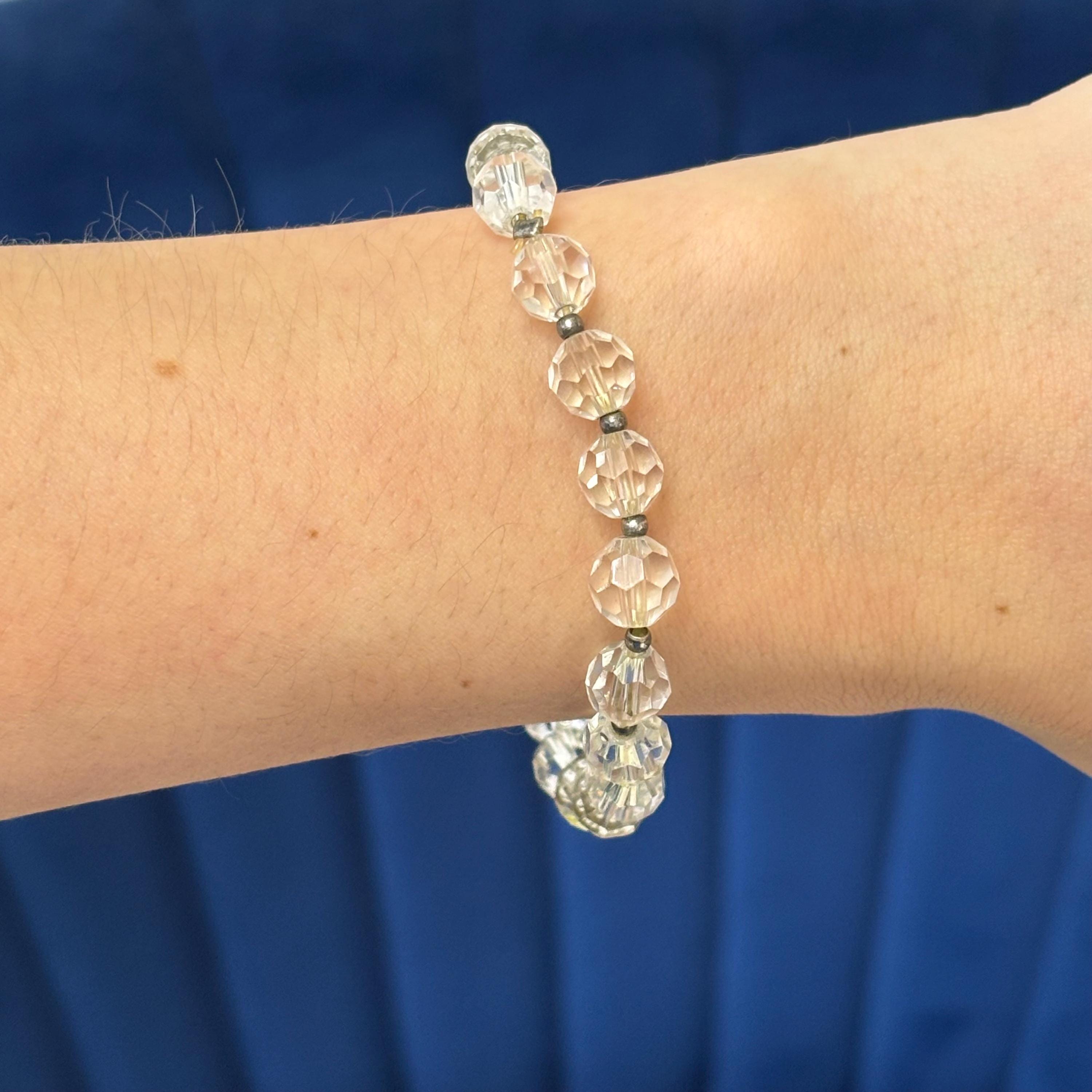 Silver-tone Clear Crystal Bead Slip-on Stretch Fashion Bracelet