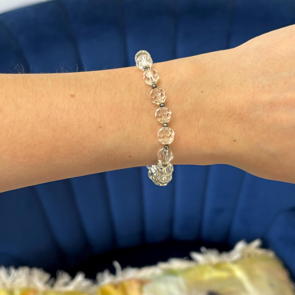 Silver-tone Clear Crystal Bead Slip-on Stretch Fashion Bracelet