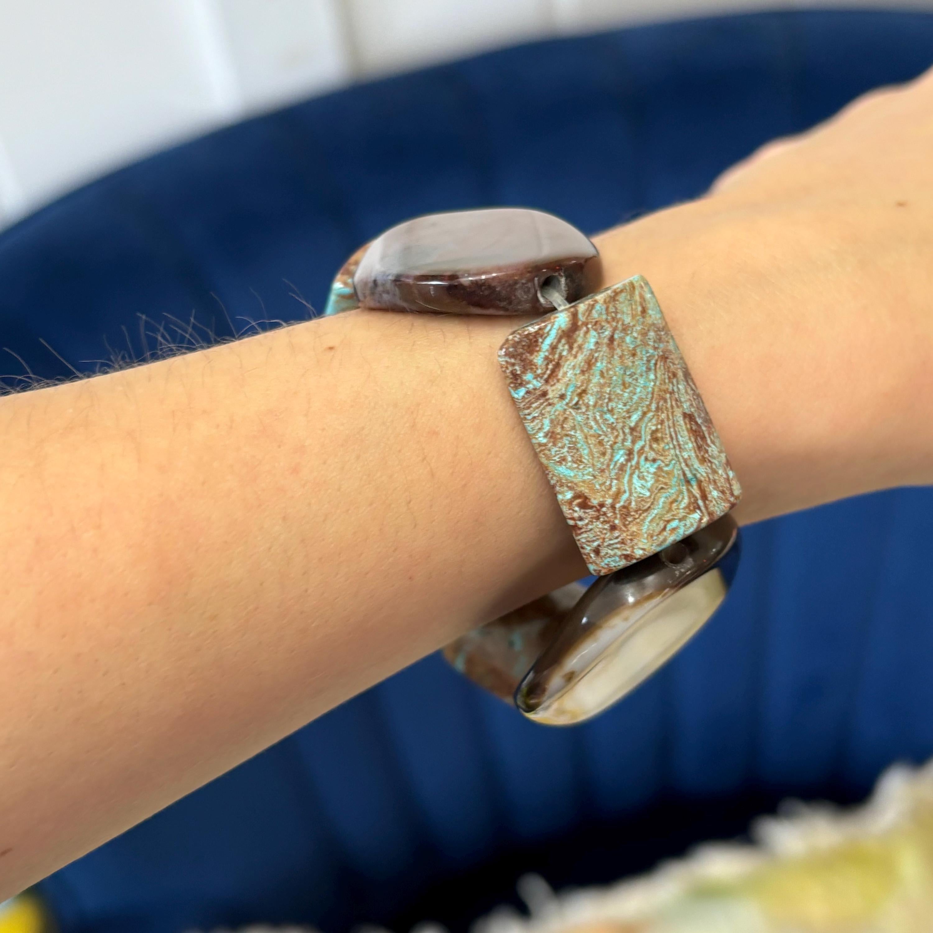 Crazy Lace Jasper and Dyed Blue Magnesite Chunky Smooth Slip-on Stretch Bracelet