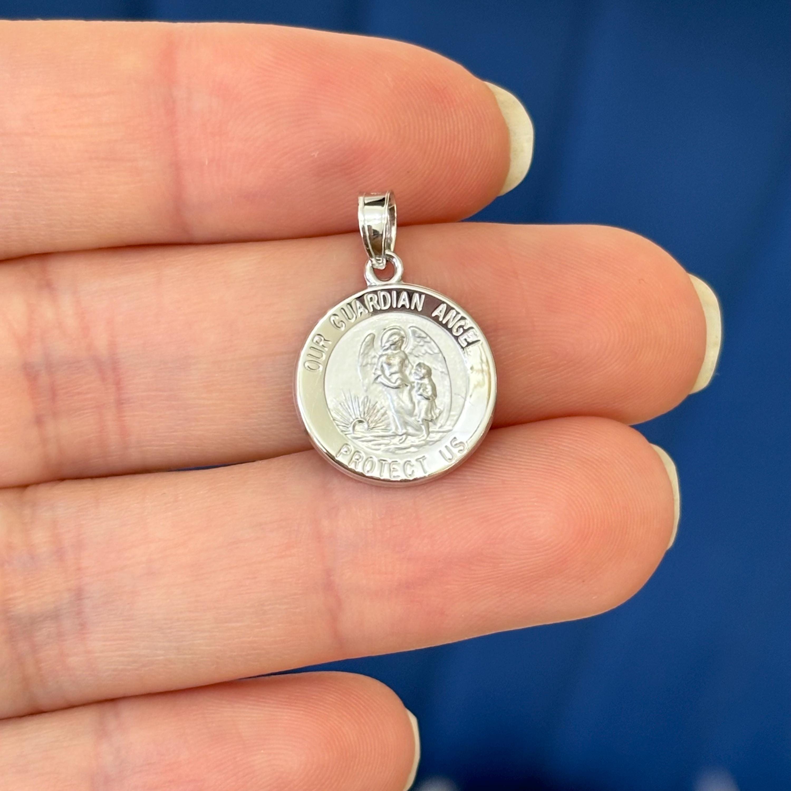 14K White Gold Guardian Angel Round Medal