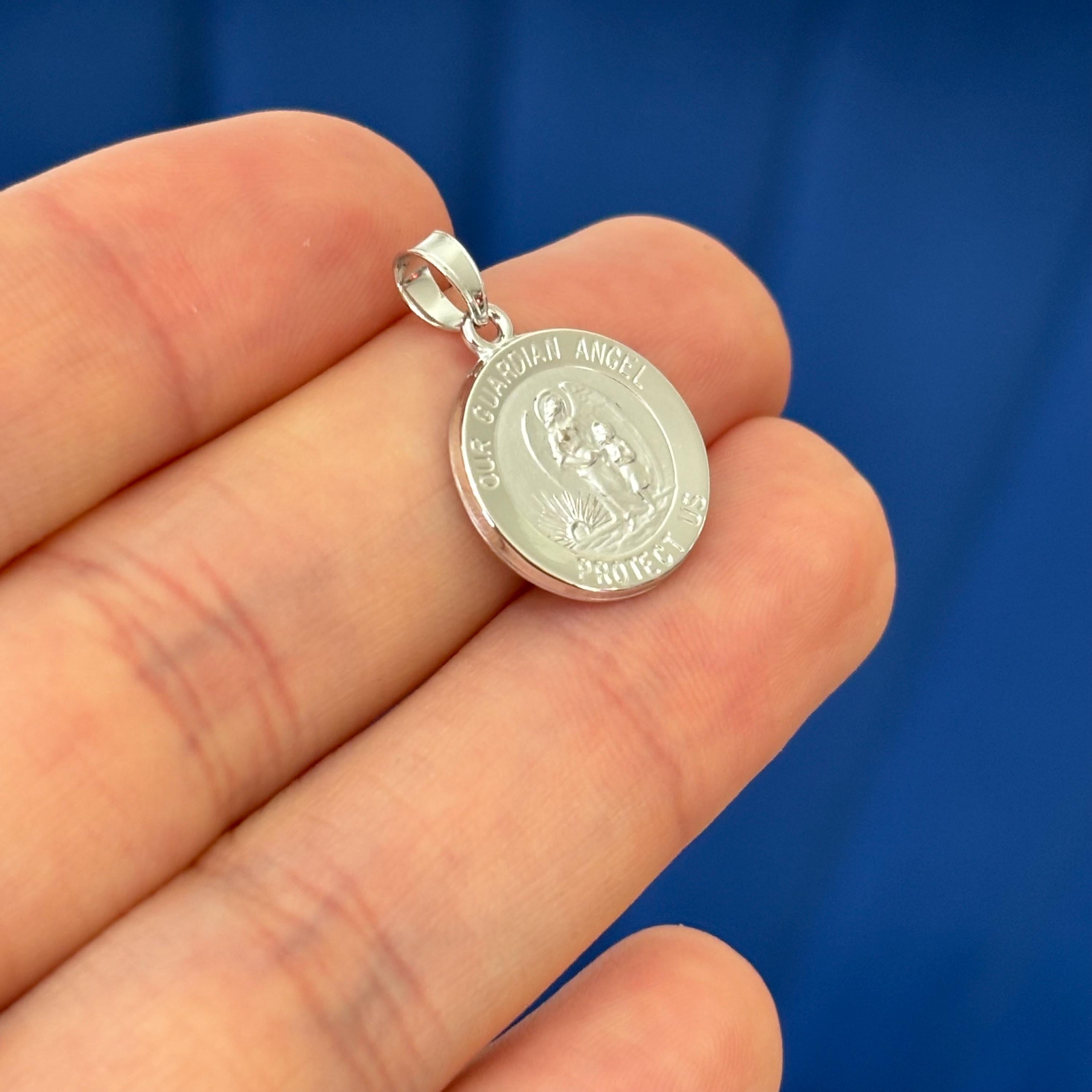 14K White Gold Guardian Angel Round Medal
