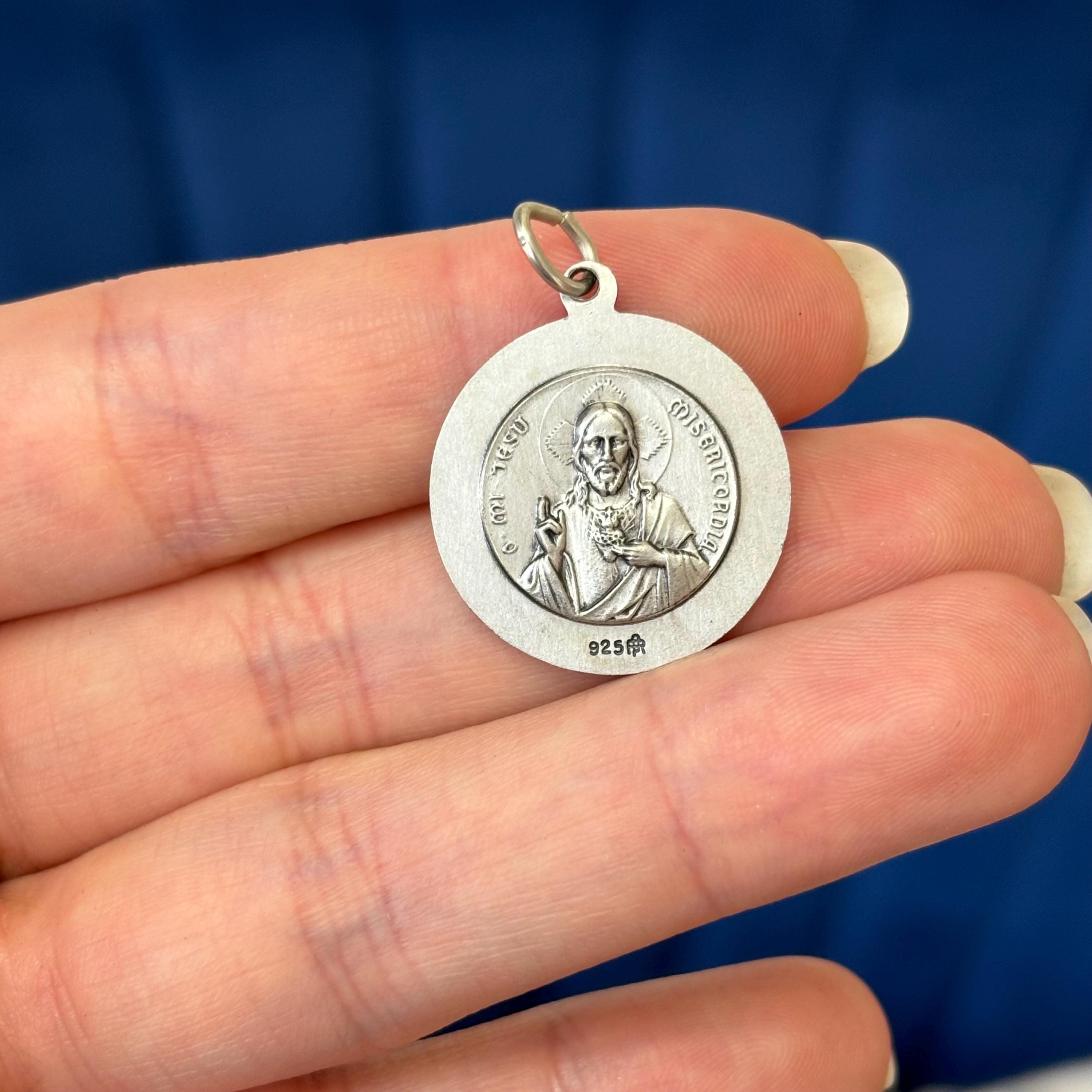 Sterling Silver Round Scapular Medal Sacred Heart Pendant 22mm
