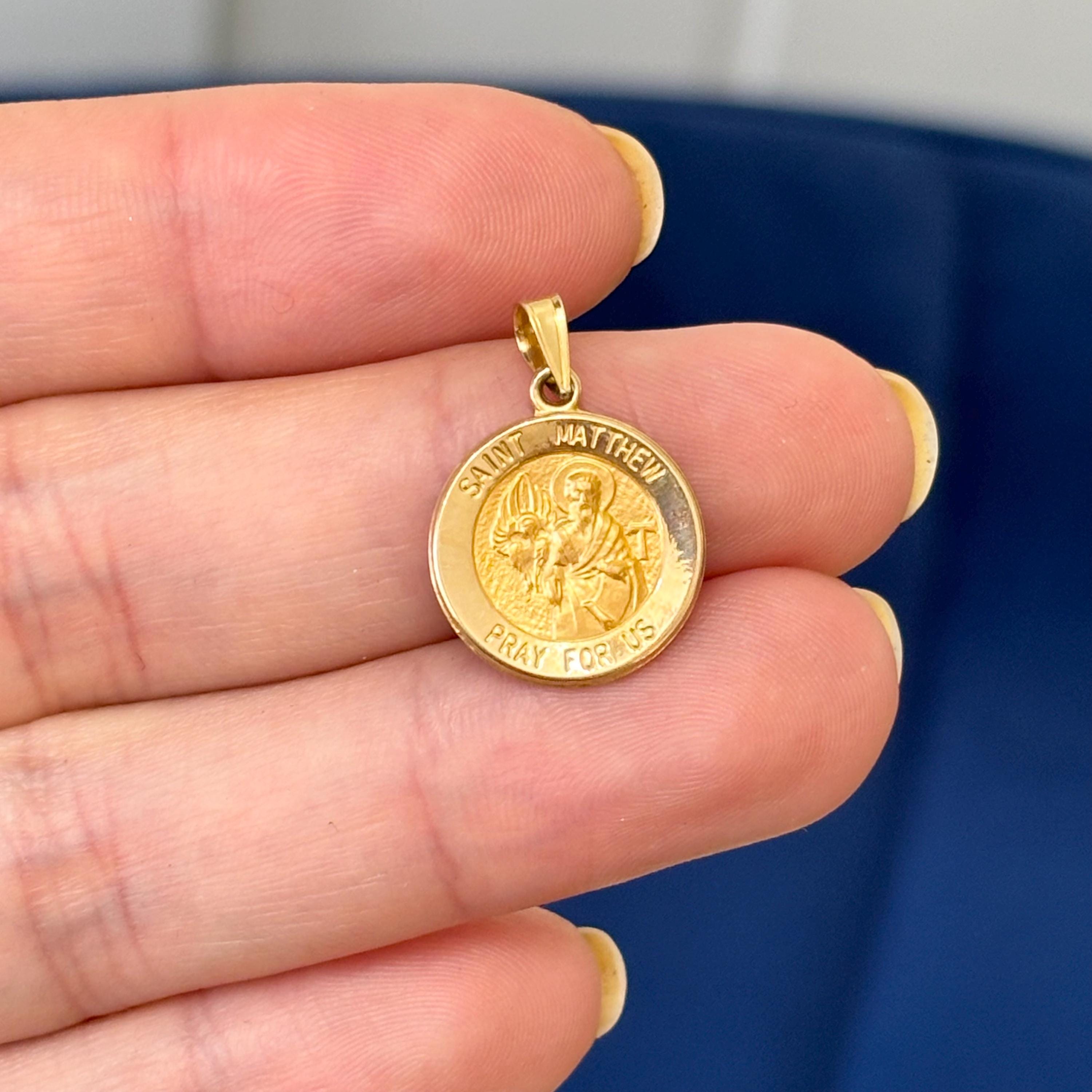 14k Gold St Matthew Medal Polished and Matte Pendant