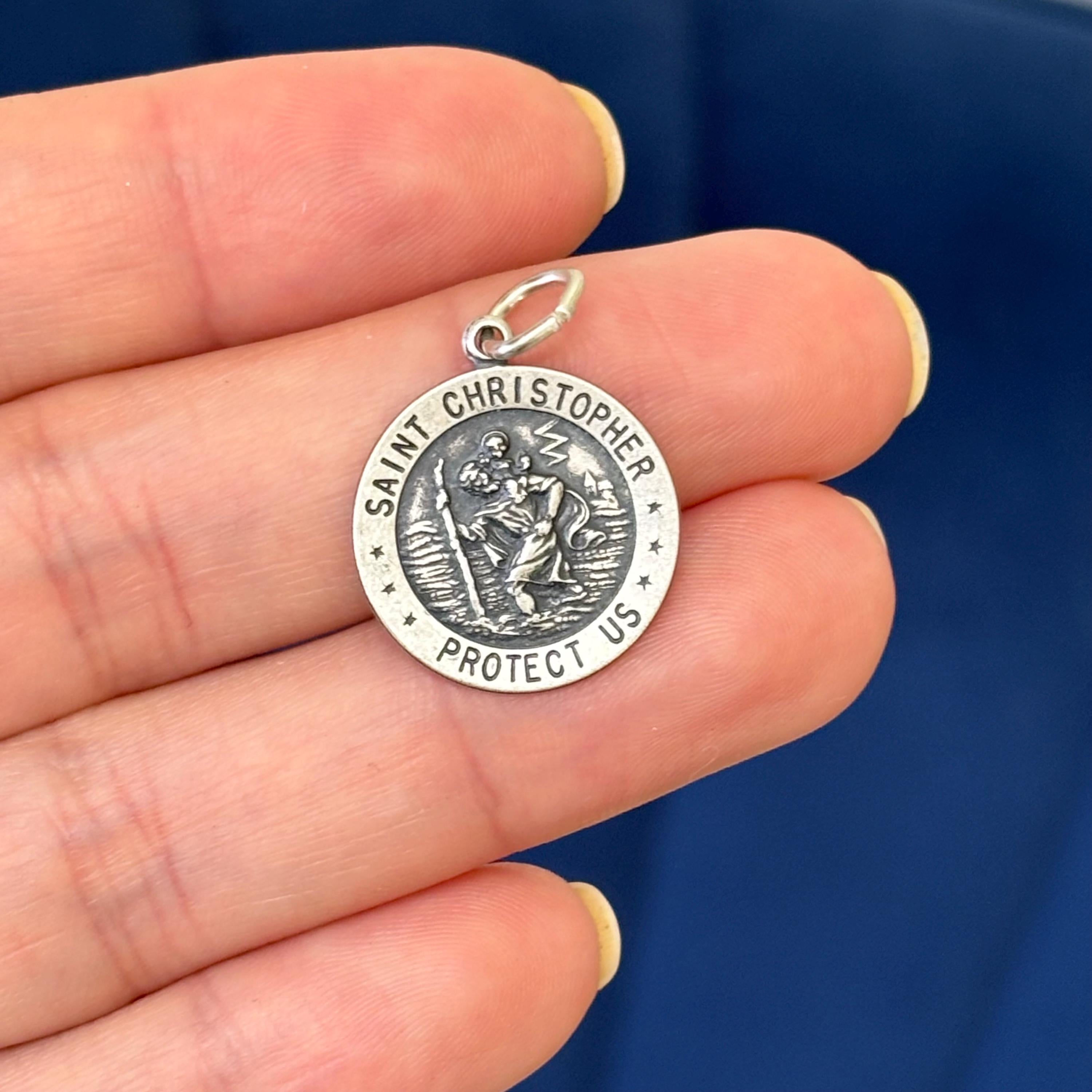 Sterling Silver Antiqued St Christopher Round Charm Pendant Small