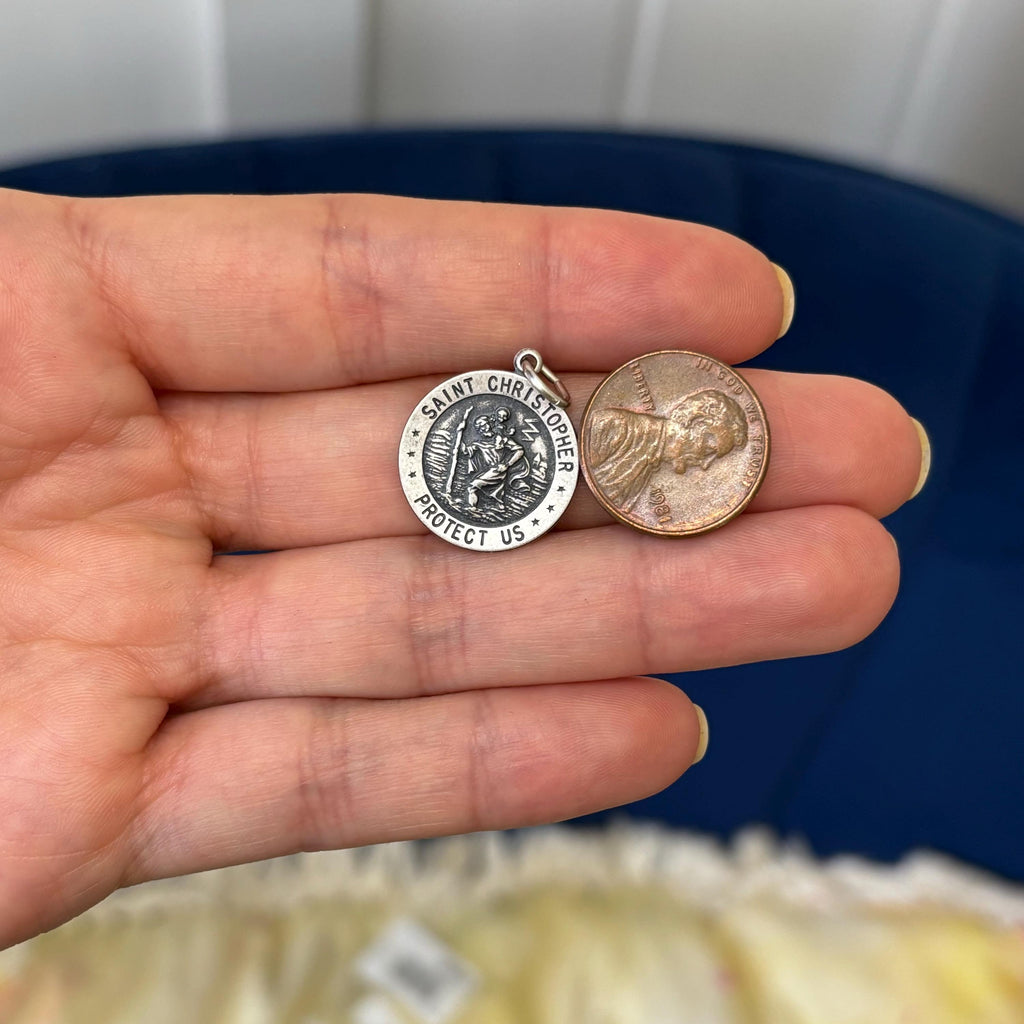 Sterling Silver Antiqued St Christopher Round Charm Pendant Small
