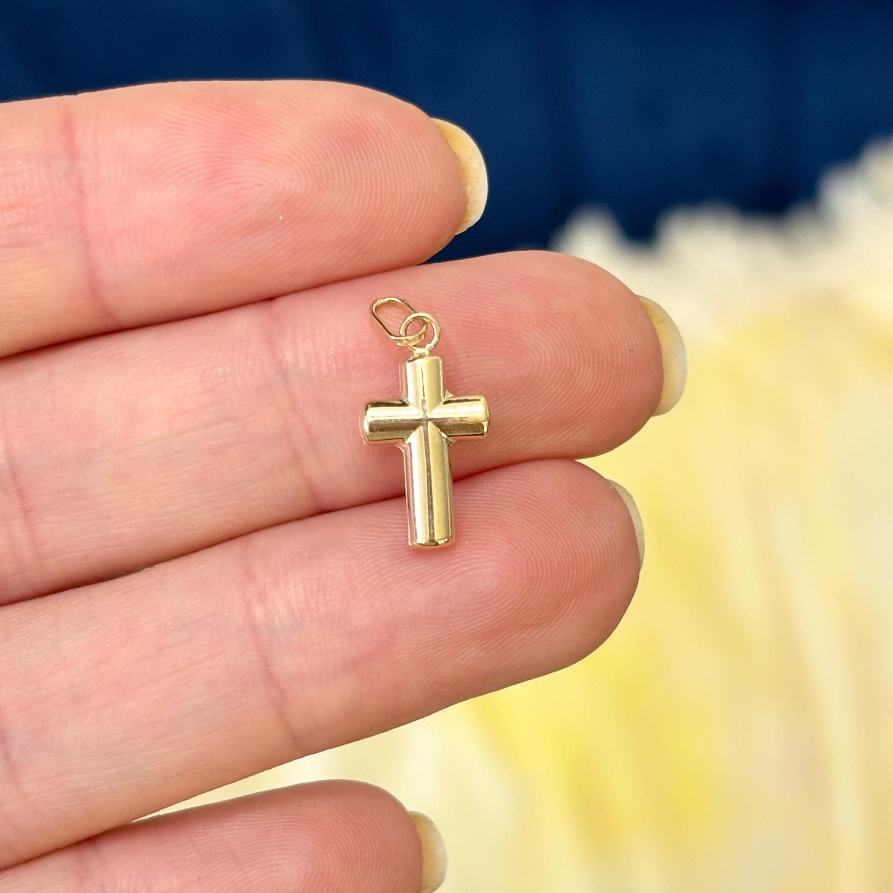 14k Gold Puffed Cross Small Charm Pendant