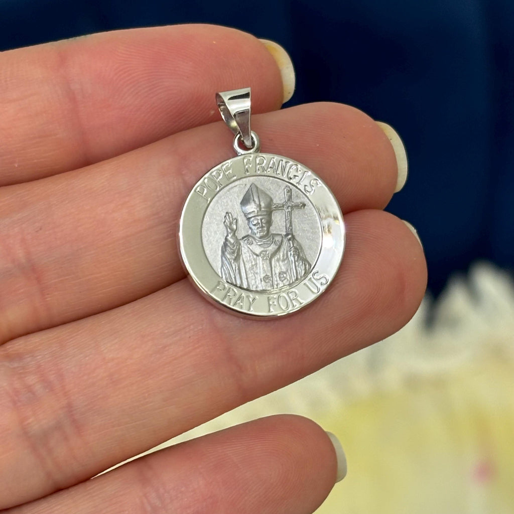 14k White Gold Satin and Polished Pope Francis Round Medal Pendant