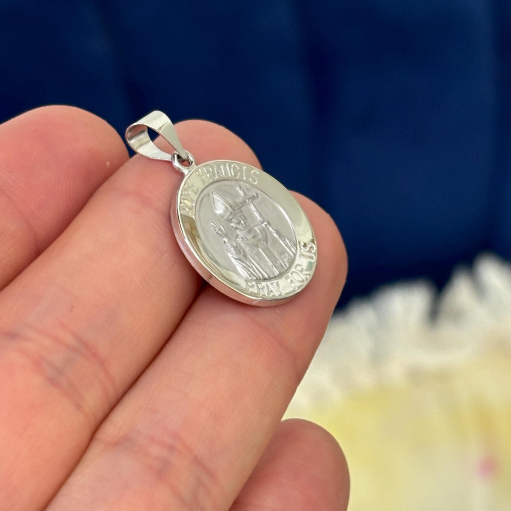 14k White Gold Satin and Polished Pope Francis Round Medal Pendant