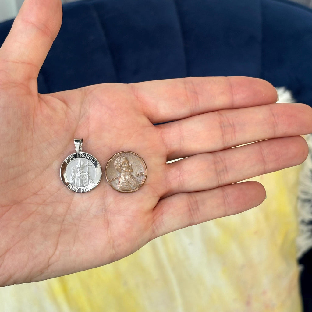 14k White Gold Satin and Polished Pope Francis Round Medal Pendant