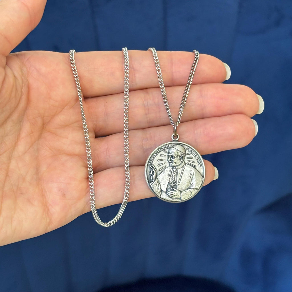 Sterling Silver Pope John Paul II Medal 24” Necklace