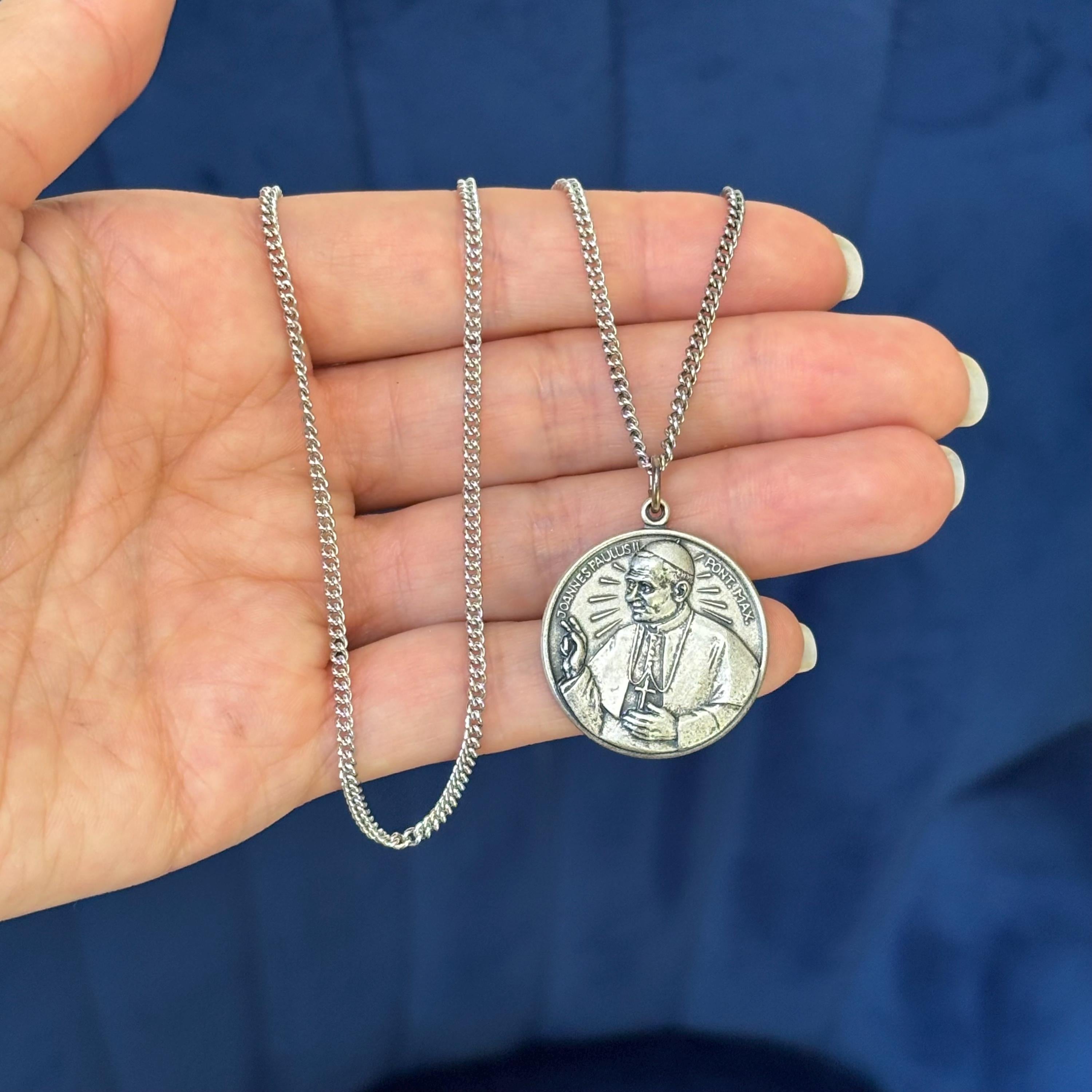 Sterling Silver Pope John Paul II Medal 24” Necklace