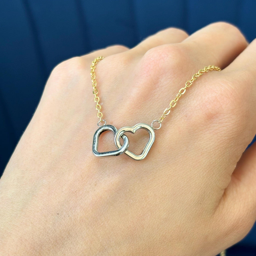 10k Two-tone Gold Double  Interlocking Hearts Small Necklace