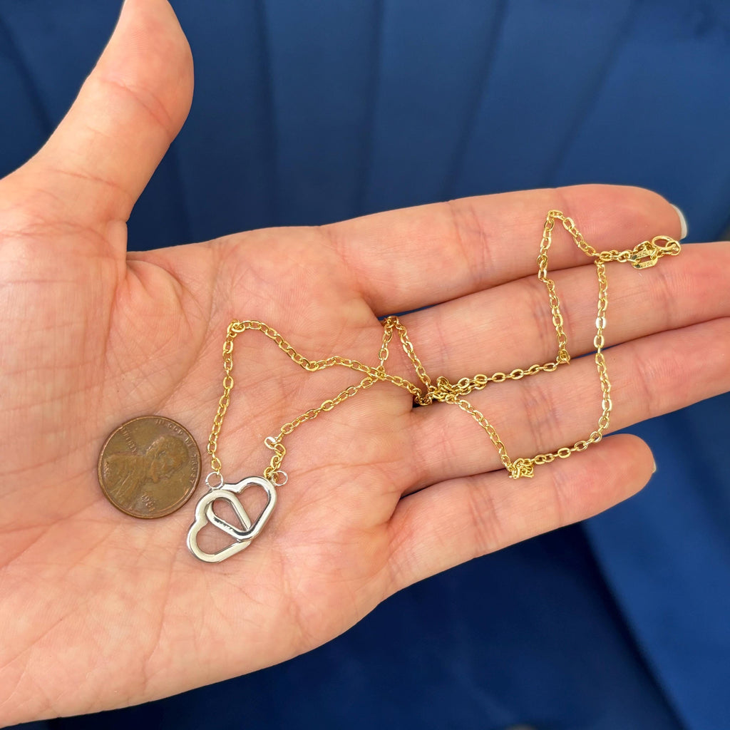 10k Two-tone Gold Double  Interlocking Hearts Small Necklace