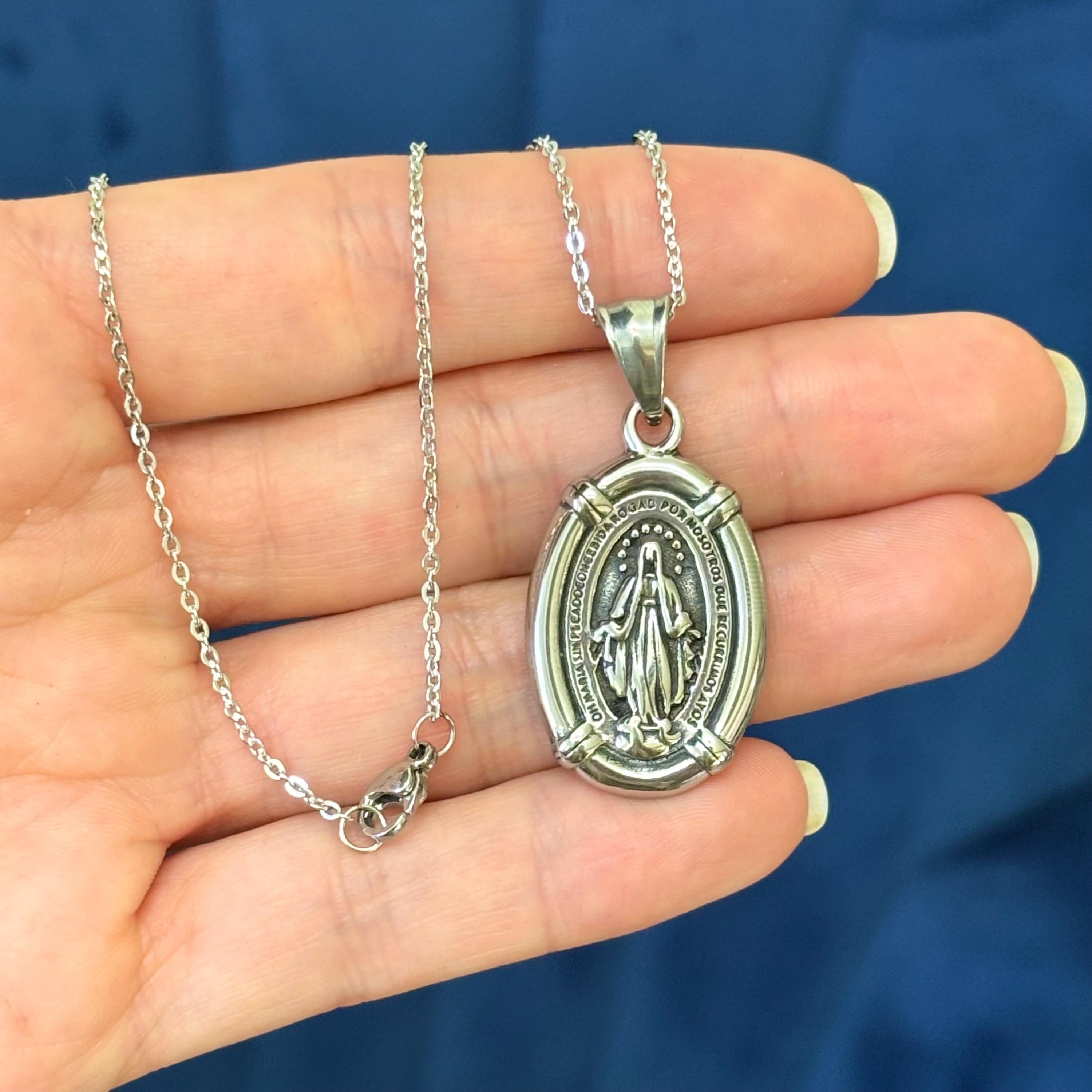 Stainless Steel Antiqued Spanish Miraculous Medal 18” Necklace