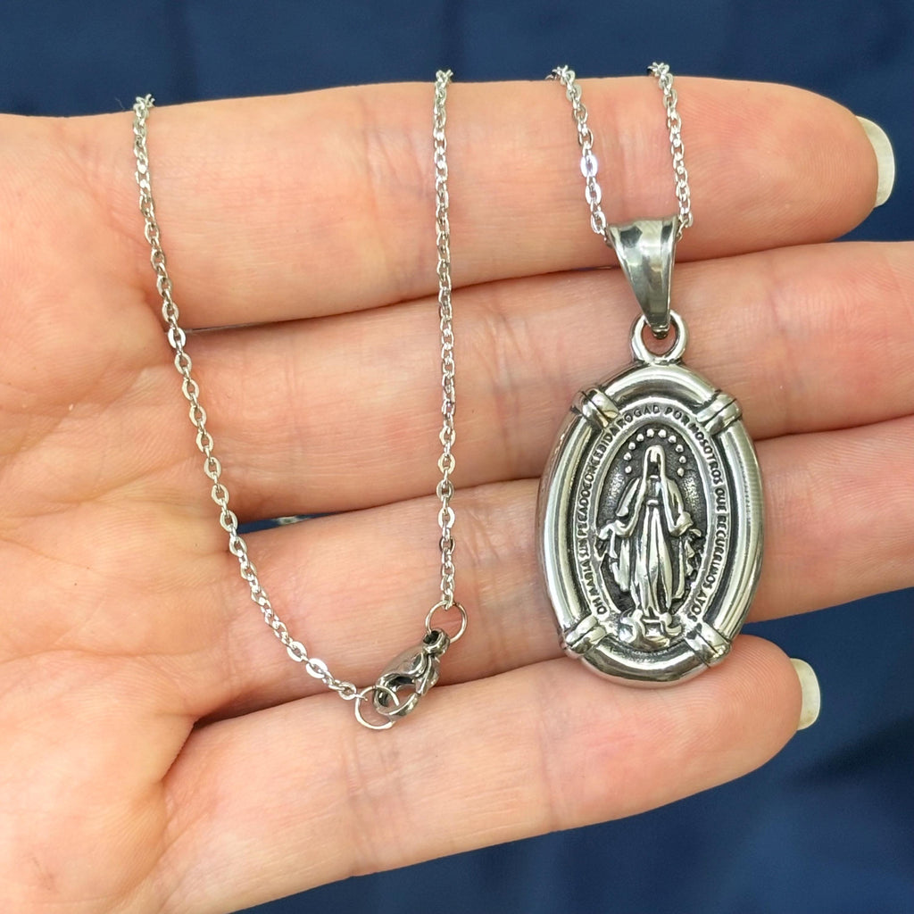 Stainless Steel Antiqued Spanish Miraculous Medal 18” Necklace