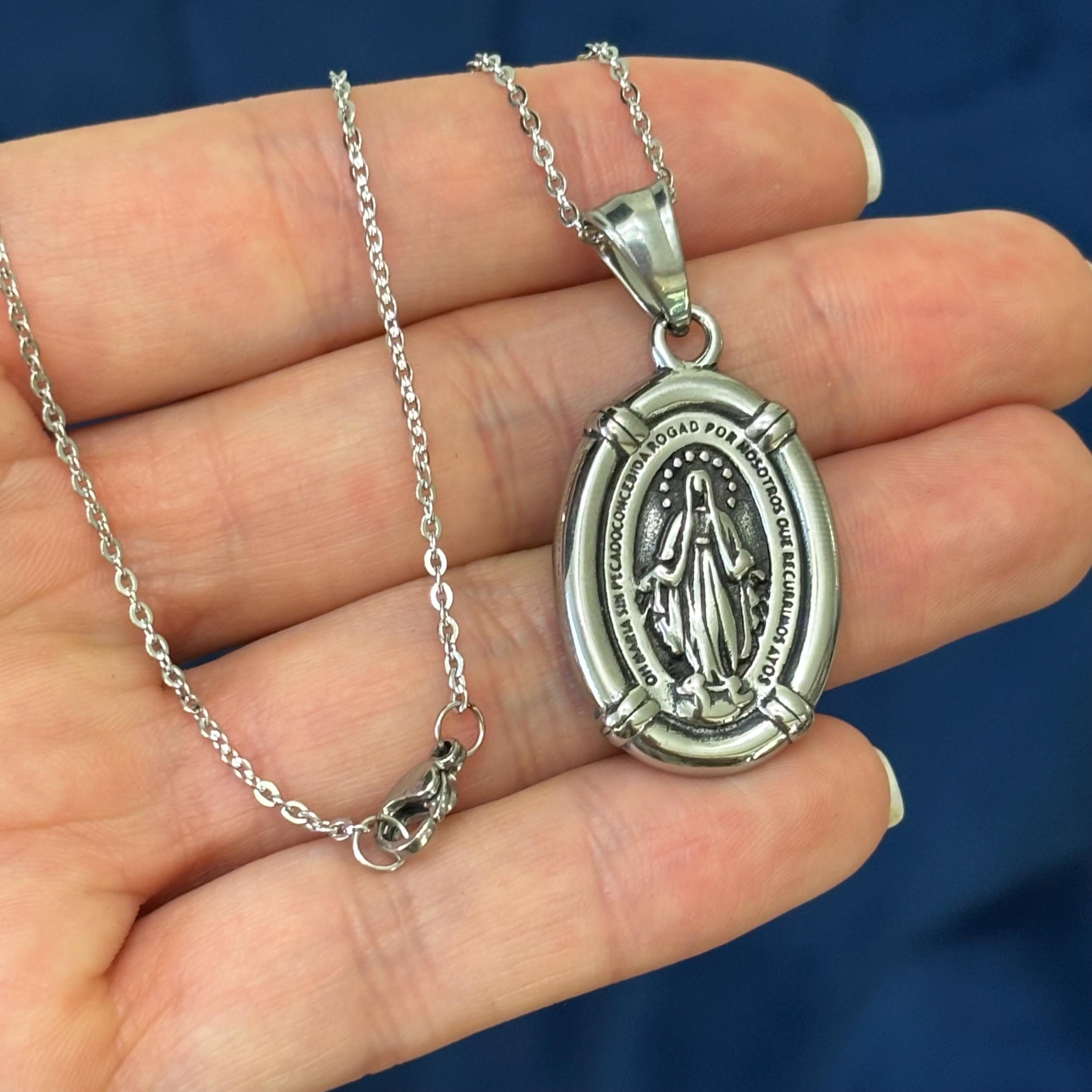Stainless Steel Antiqued Spanish Miraculous Medal 18” Necklace