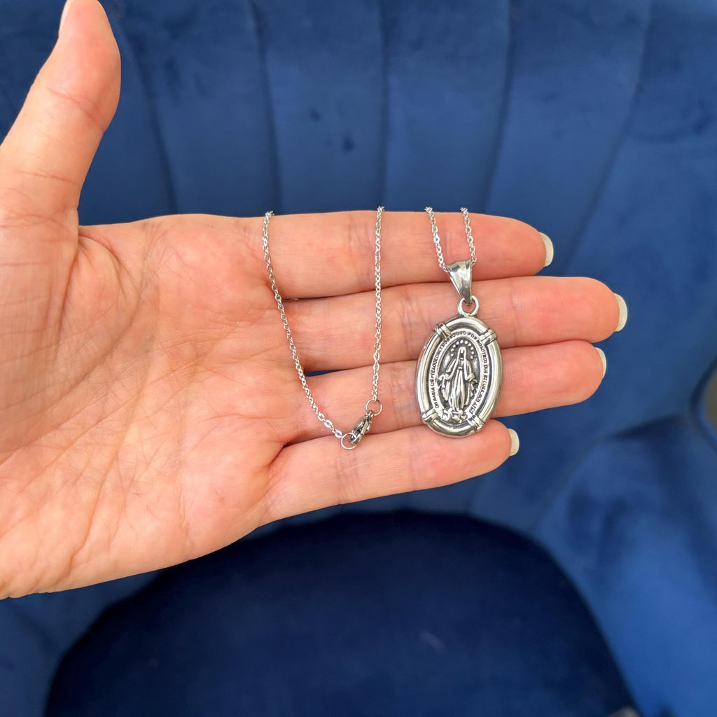 Stainless Steel Antiqued Spanish Miraculous Medal 18” Necklace