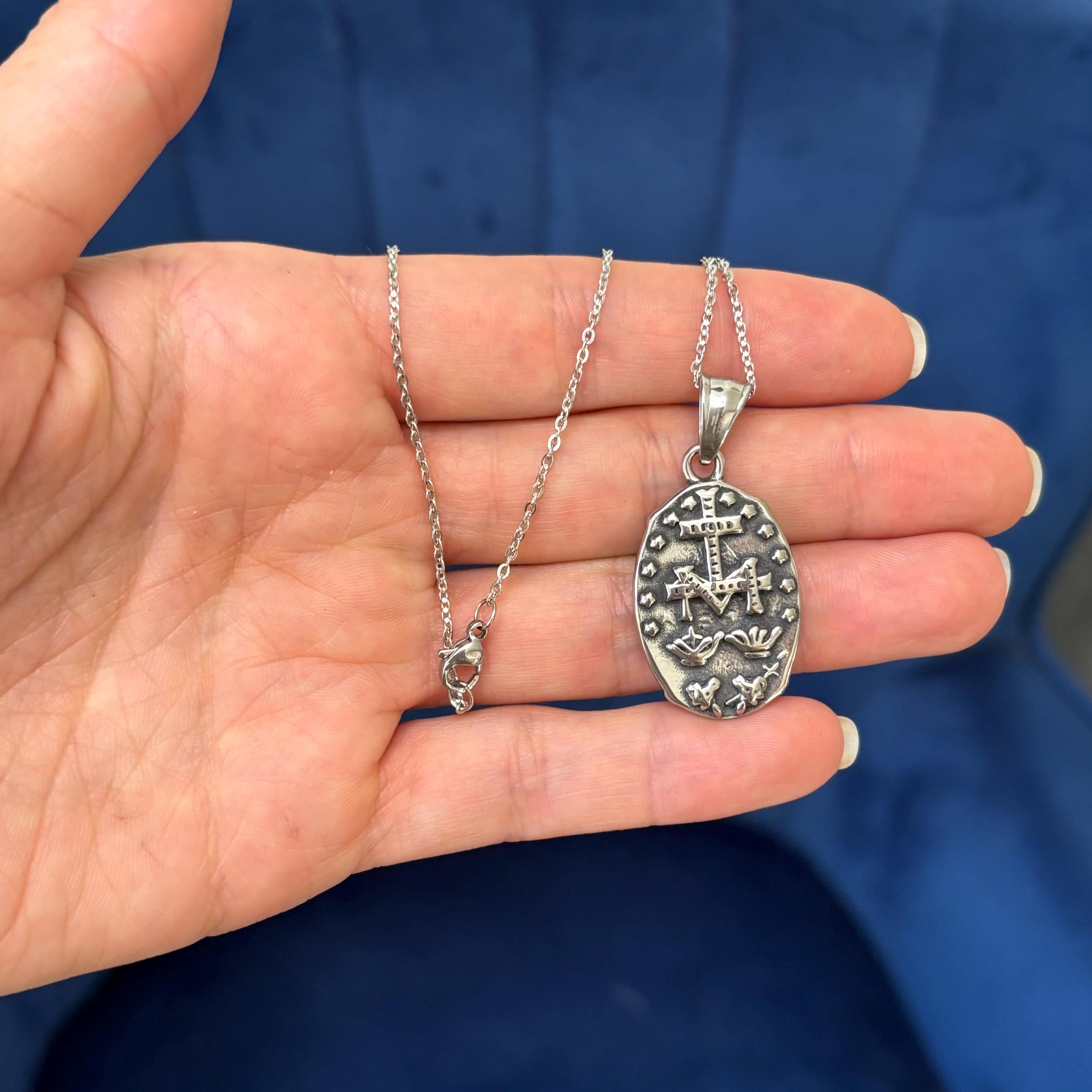 Stainless Steel Antiqued Spanish Miraculous Medal 18” Necklace