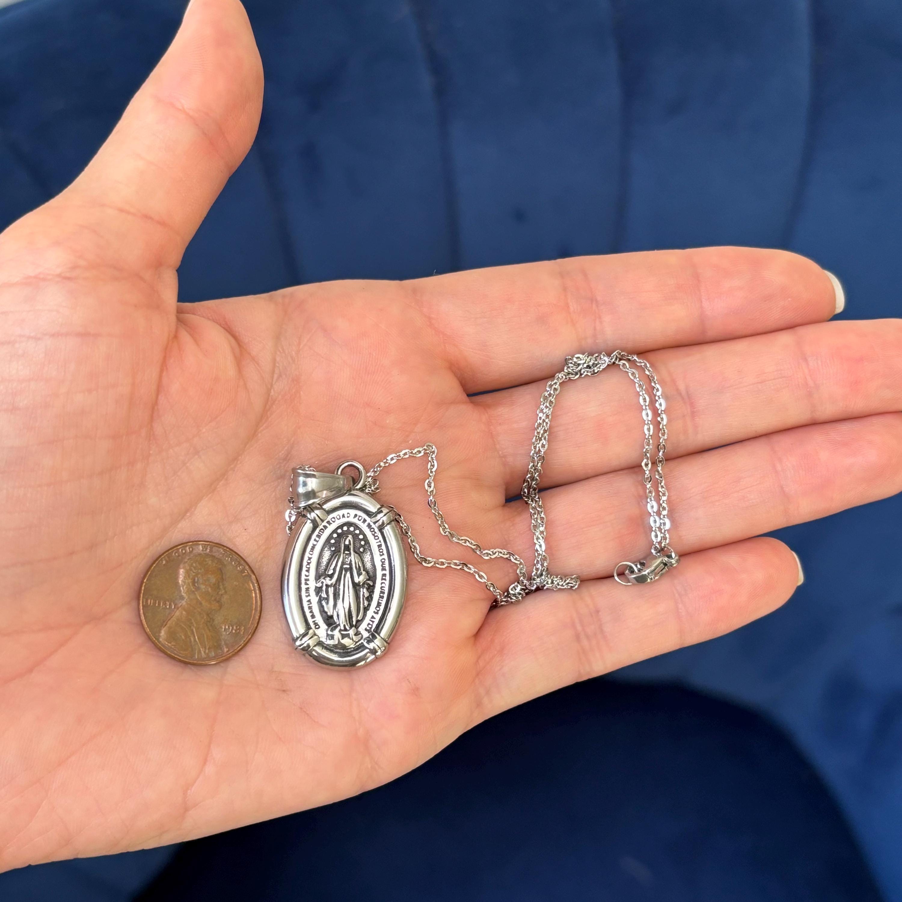 Stainless Steel Antiqued Spanish Miraculous Medal 18” Necklace