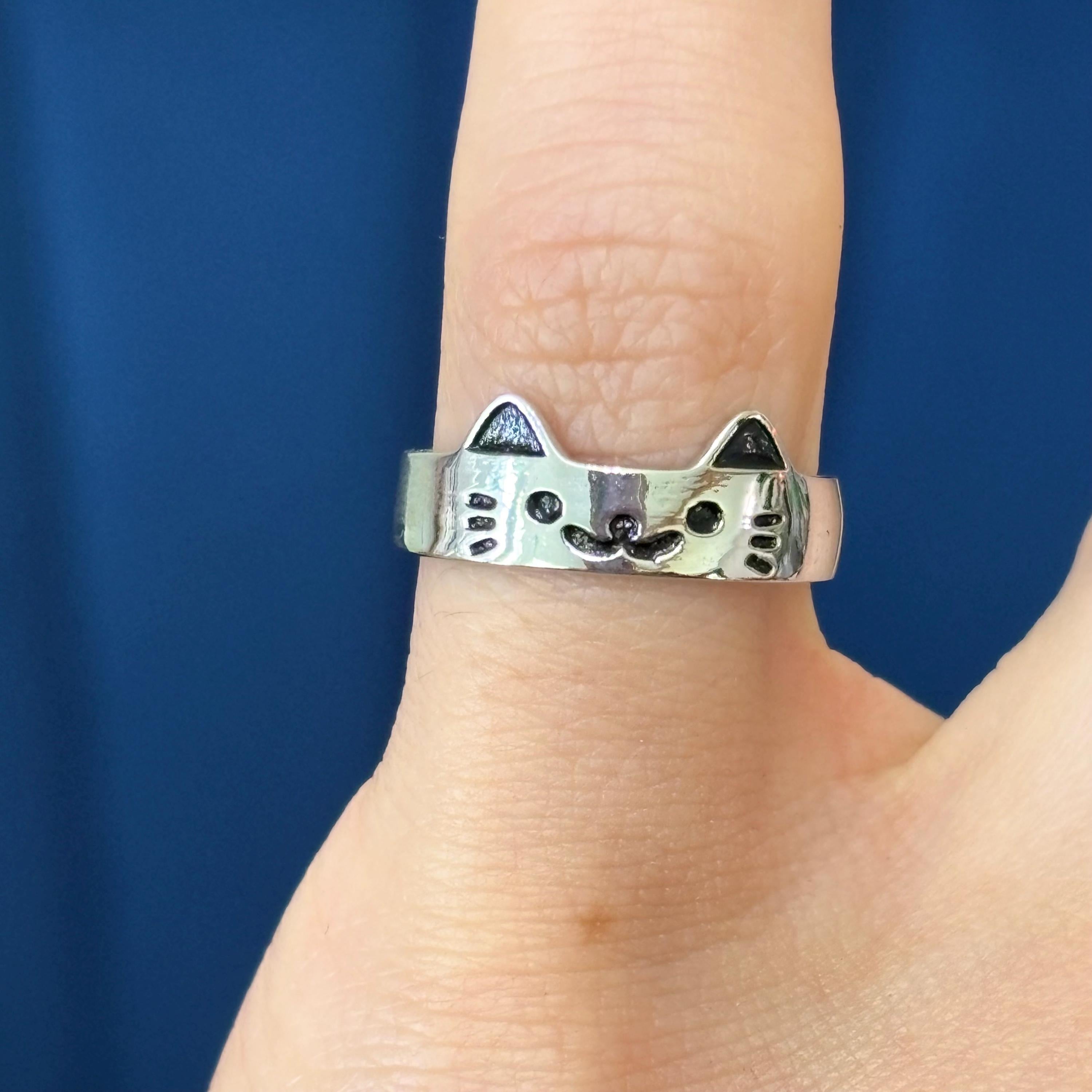 Sterling Silver Cat with Paw Print Adjustable Ring