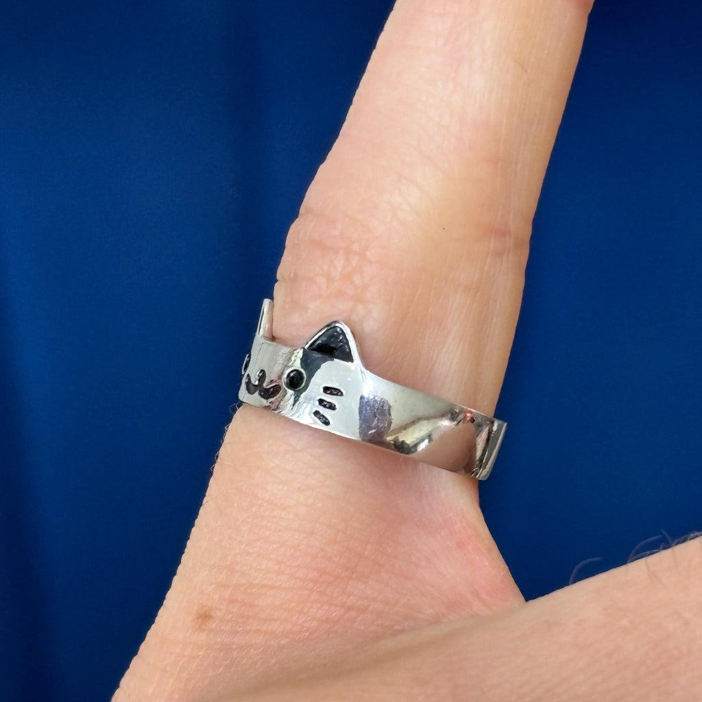 Sterling Silver Cat with Paw Print Adjustable Ring