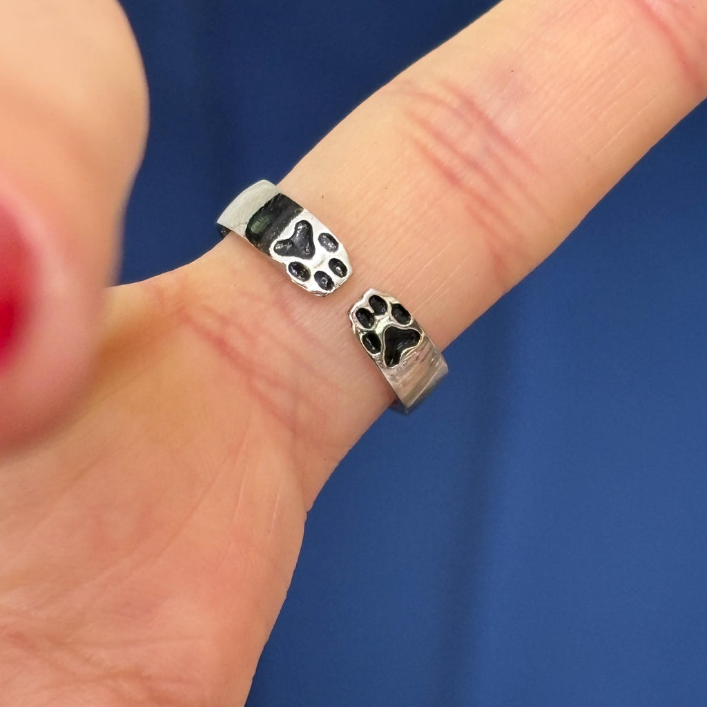 Sterling Silver Cat with Paw Print Adjustable Ring