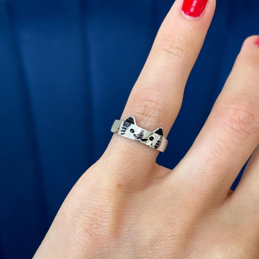 Sterling Silver Cat with Paw Print Adjustable Ring