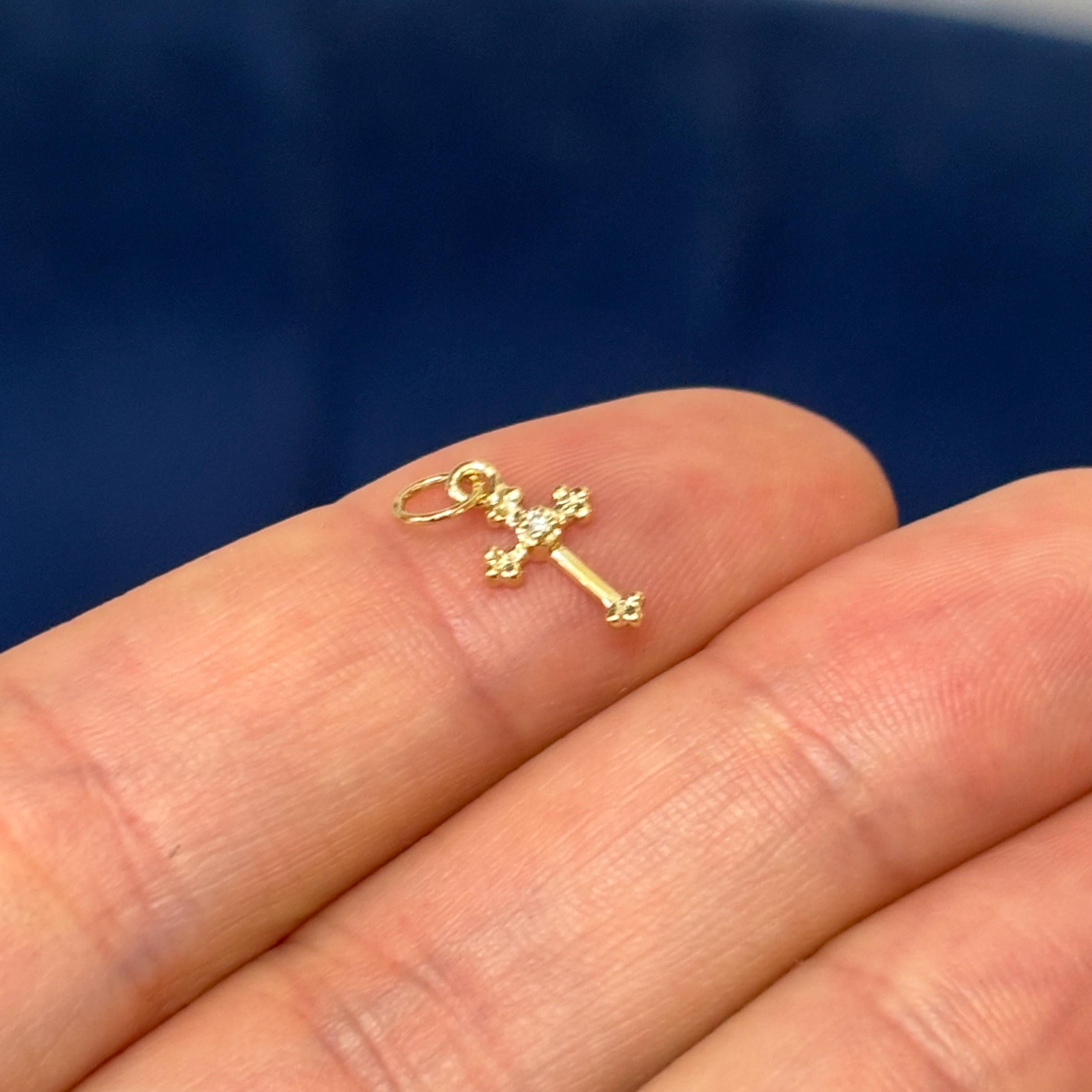 14k Gold Diamond Budded Tiny Cross Charm Pendant