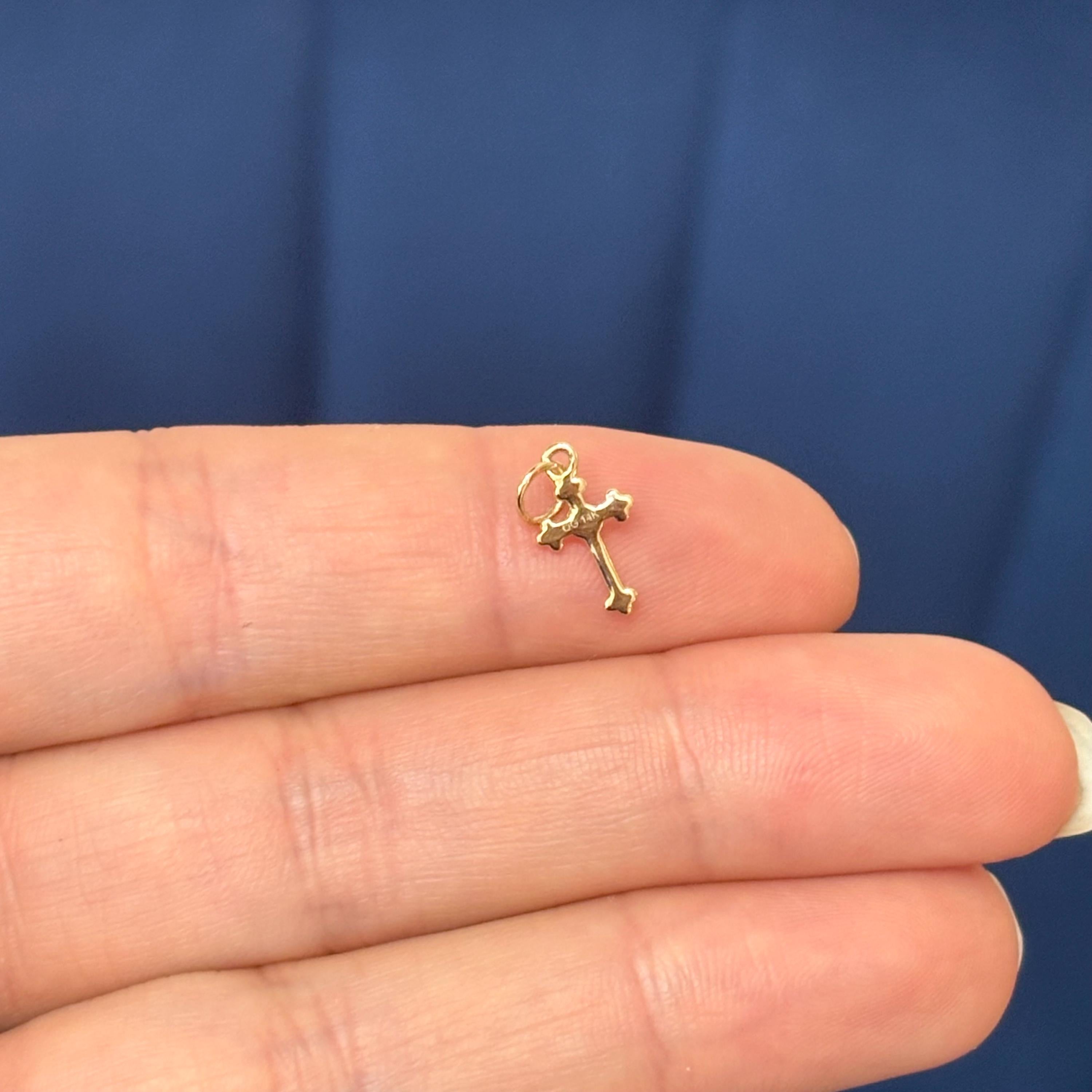 14k Gold Diamond Budded Tiny Cross Charm Pendant
