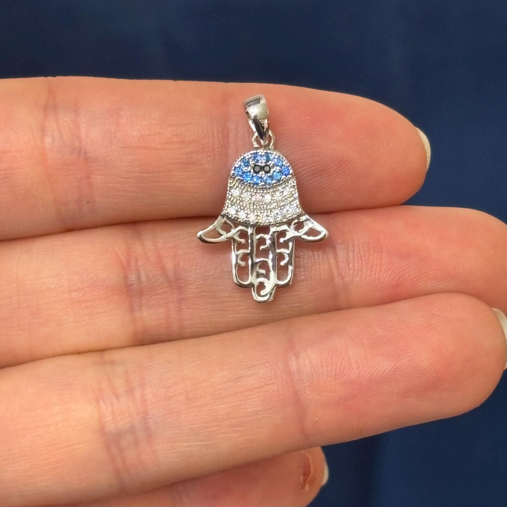 Sterling Silver Rhodium-plated Black/White CZ Syn. Sapphire Cut-Out  Hamsa Pendant