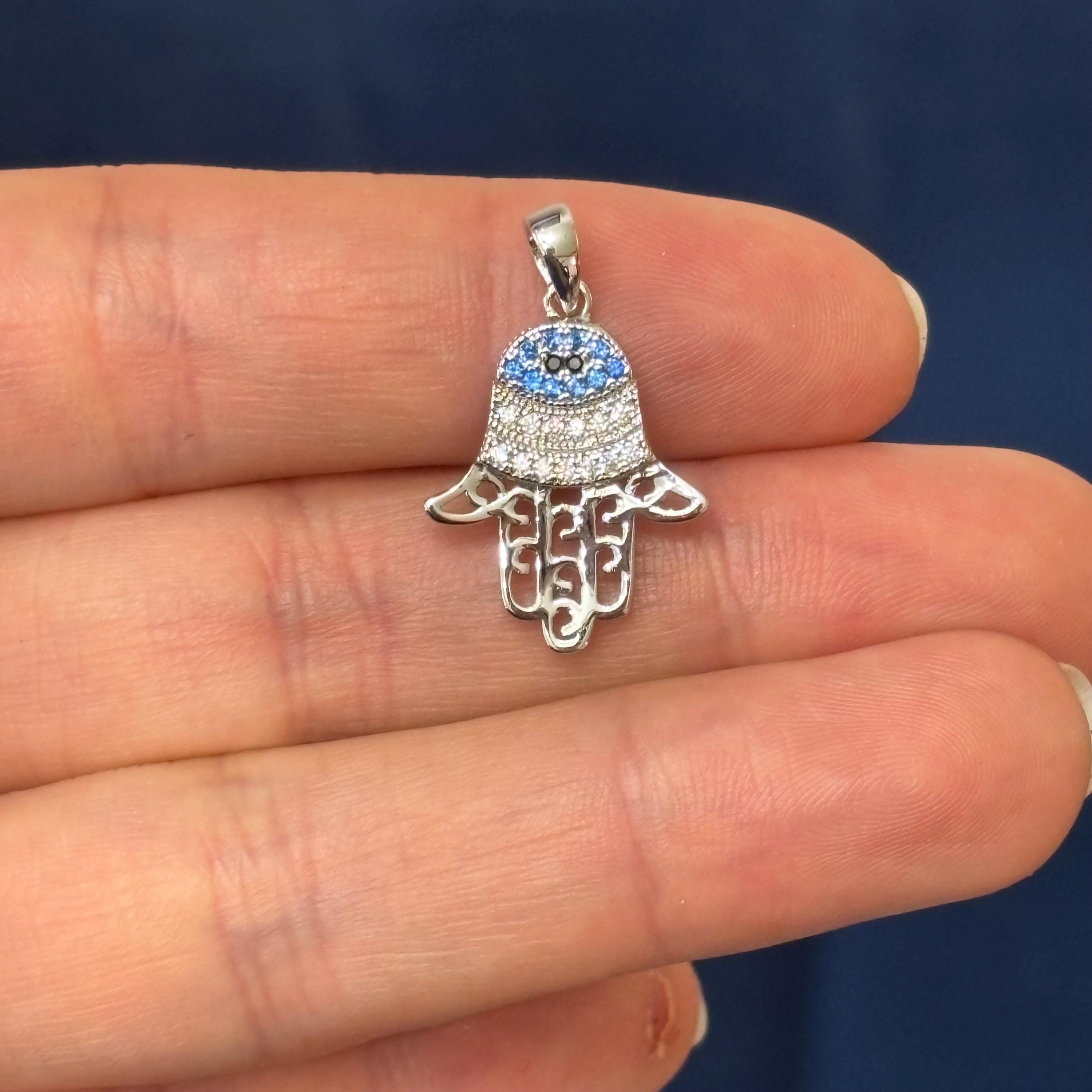 Sterling Silver Rhodium-plated Black/White CZ Syn. Sapphire Cut-Out  Hamsa Pendant