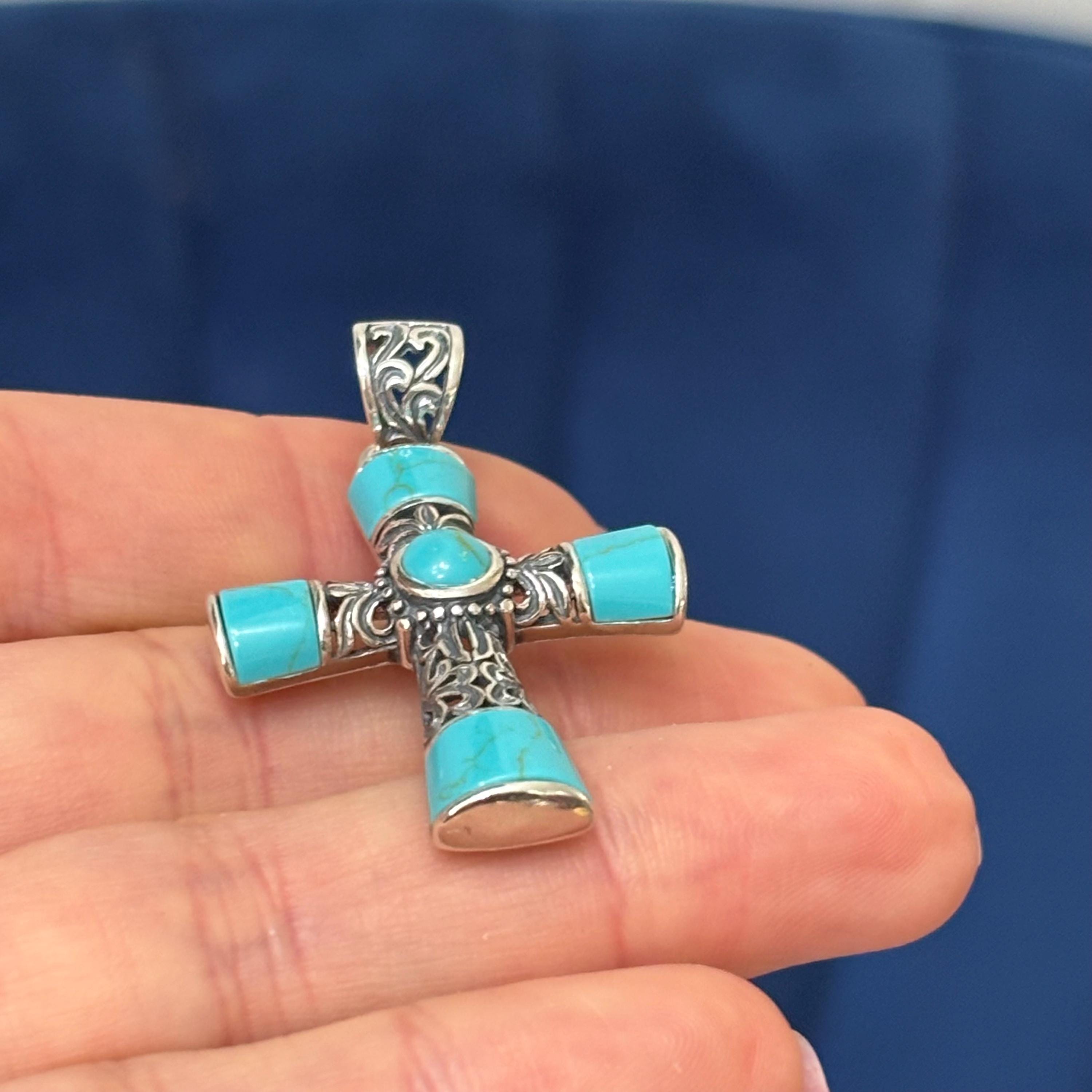 Sterling Silver Antiqued with Turquoise-look Stone Cross Pendant