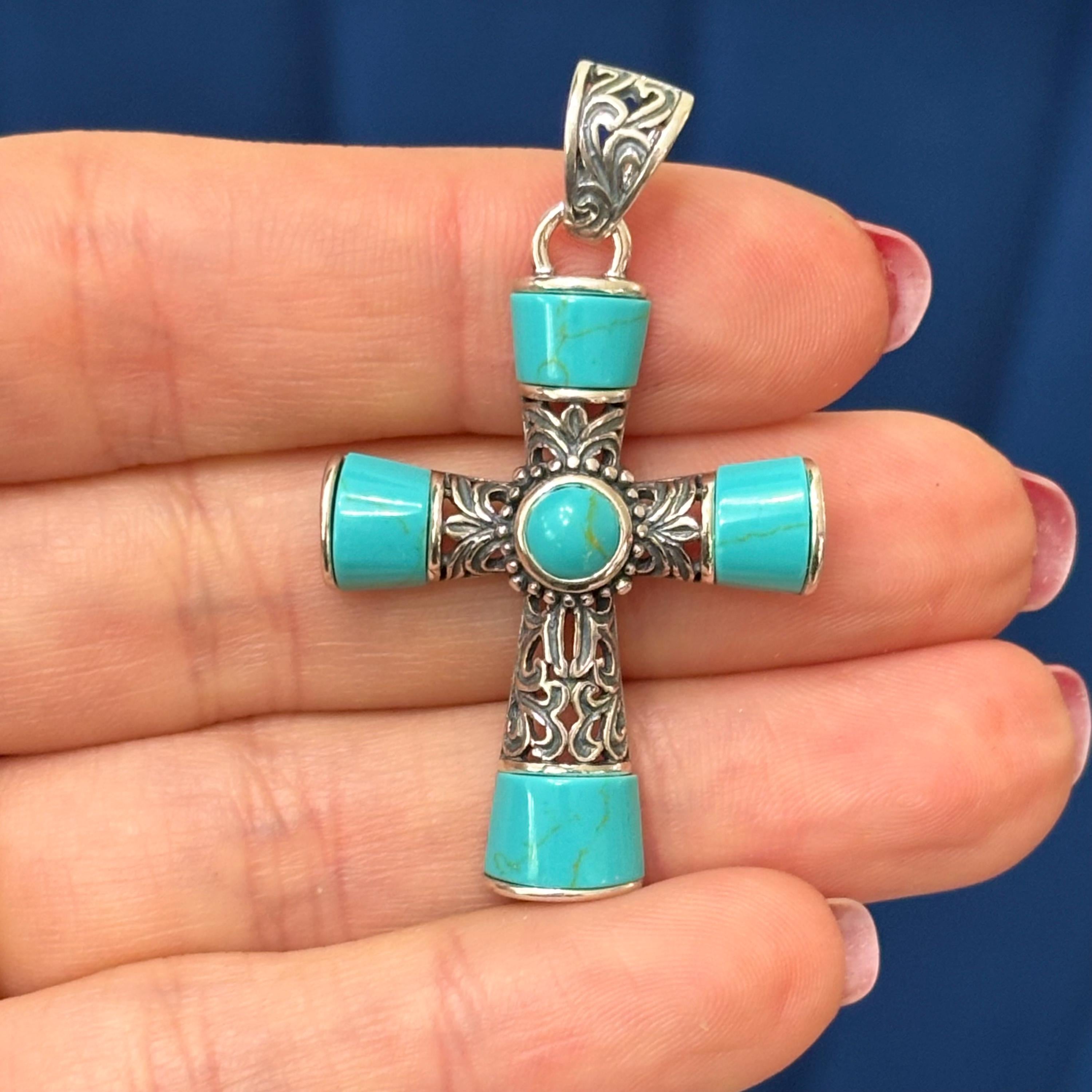 Sterling Silver Antiqued with Turquoise-look Stone Cross Pendant