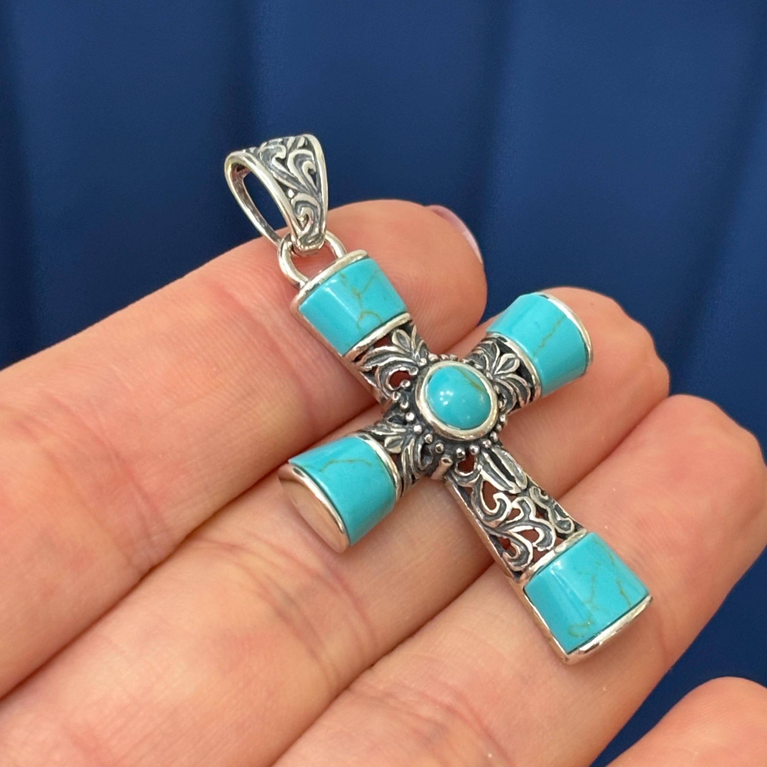 Sterling Silver Antiqued with Turquoise-look Stone Cross Pendant
