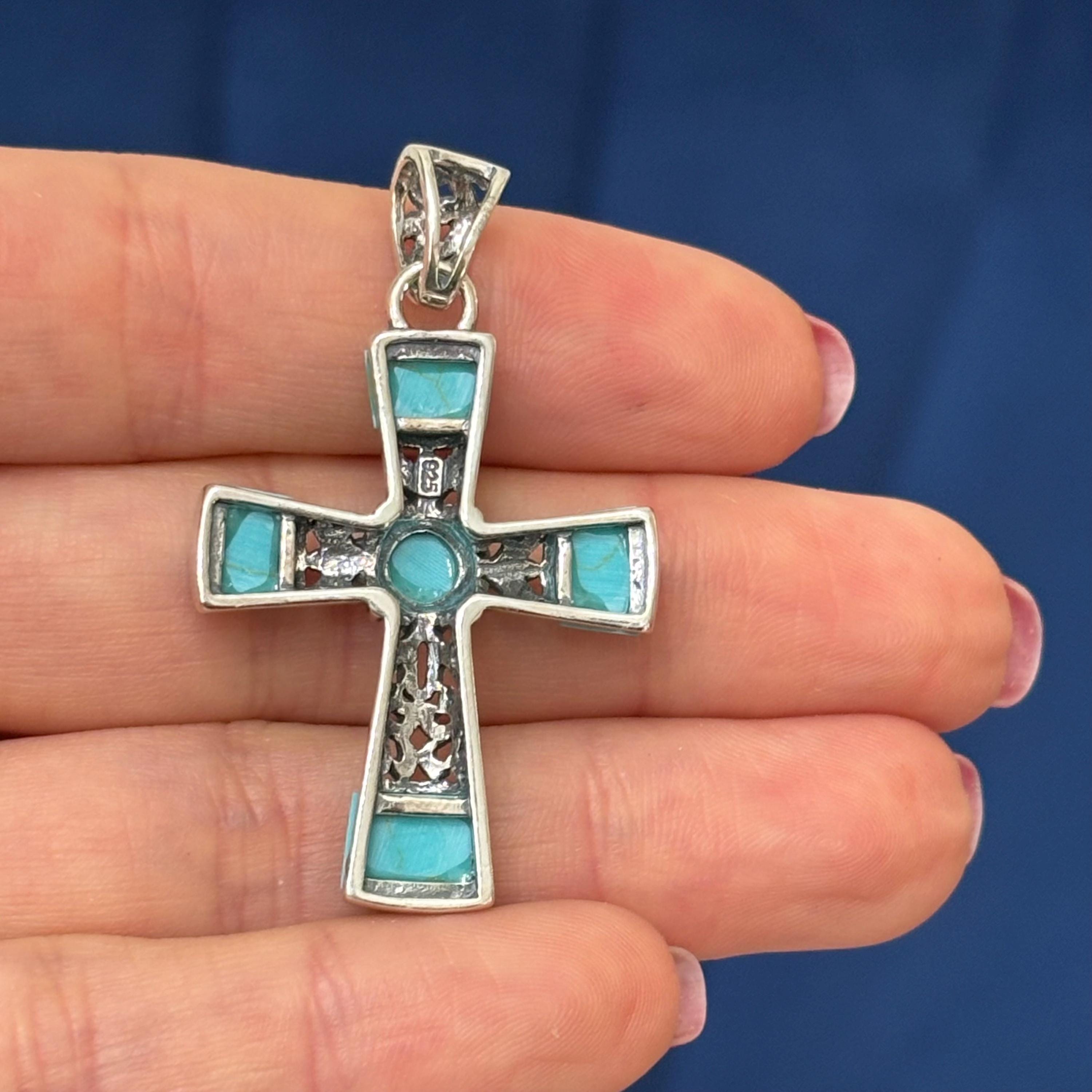 Sterling Silver Antiqued with Turquoise-look Stone Cross Pendant