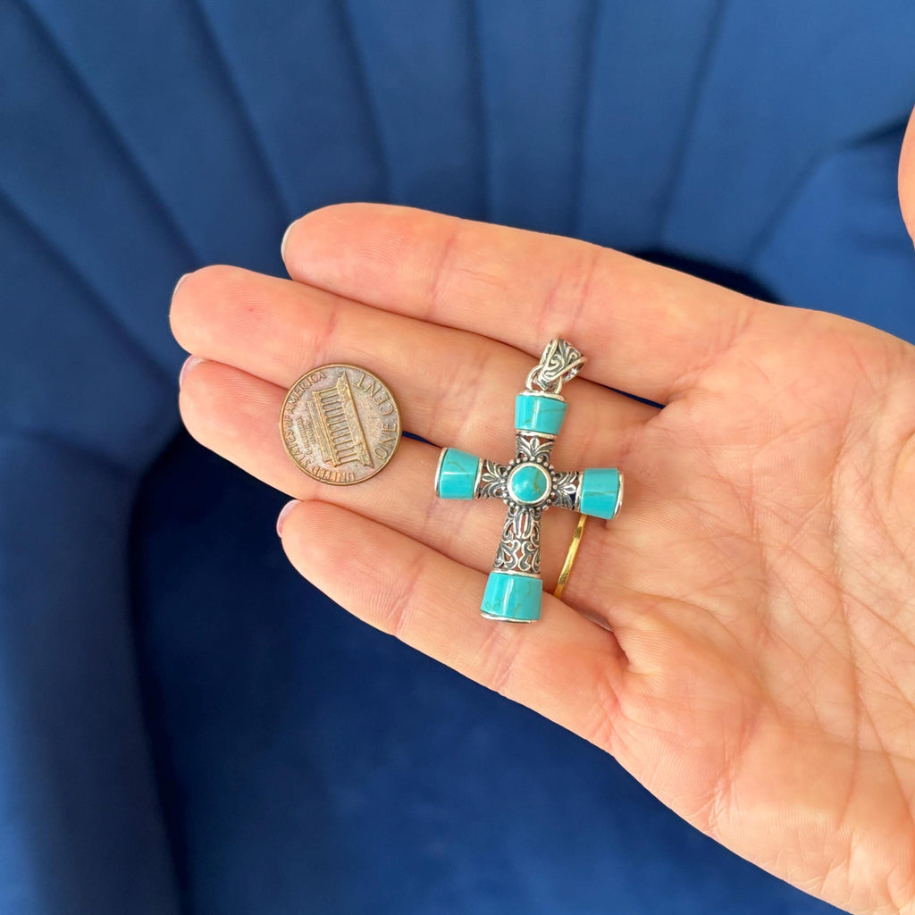 Sterling Silver Antiqued with Turquoise-look Stone Cross Pendant