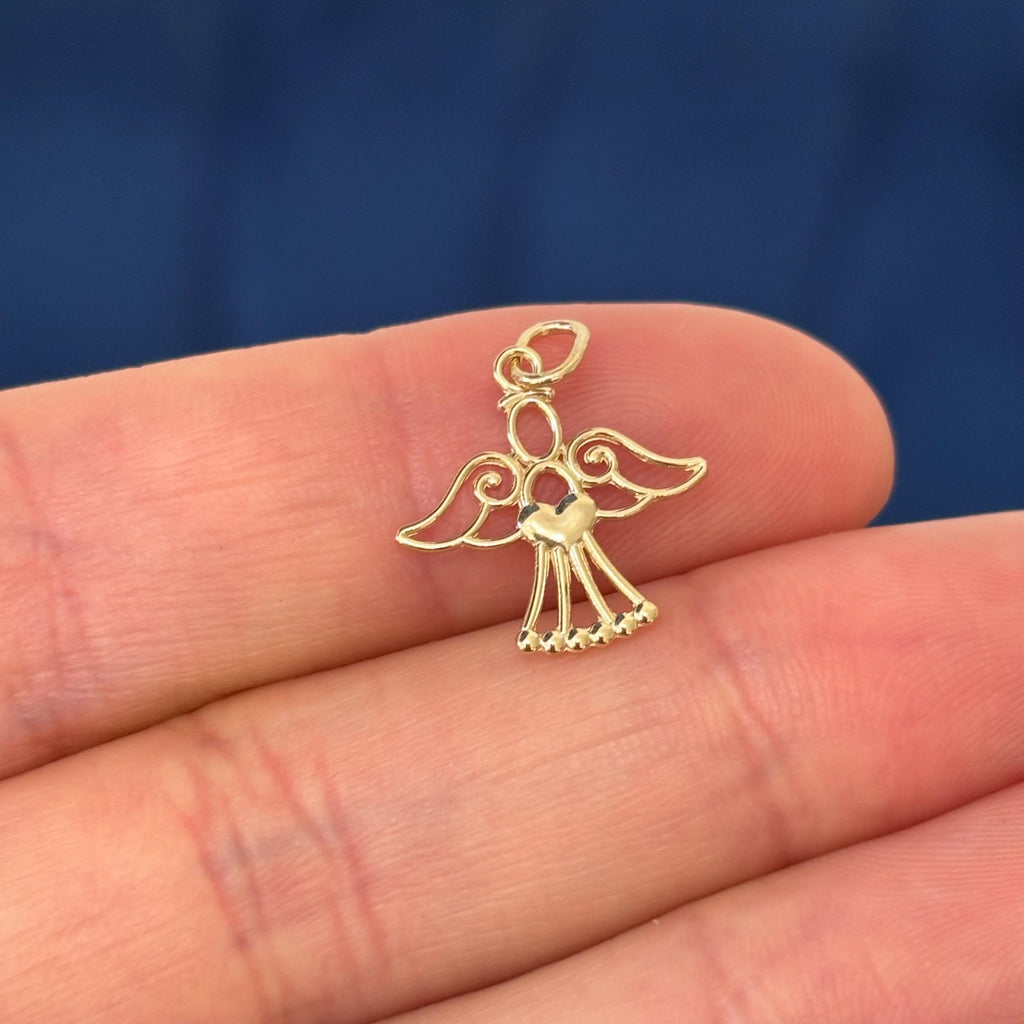 14k Gold Polished Small Angel and Heart Charm Pendant