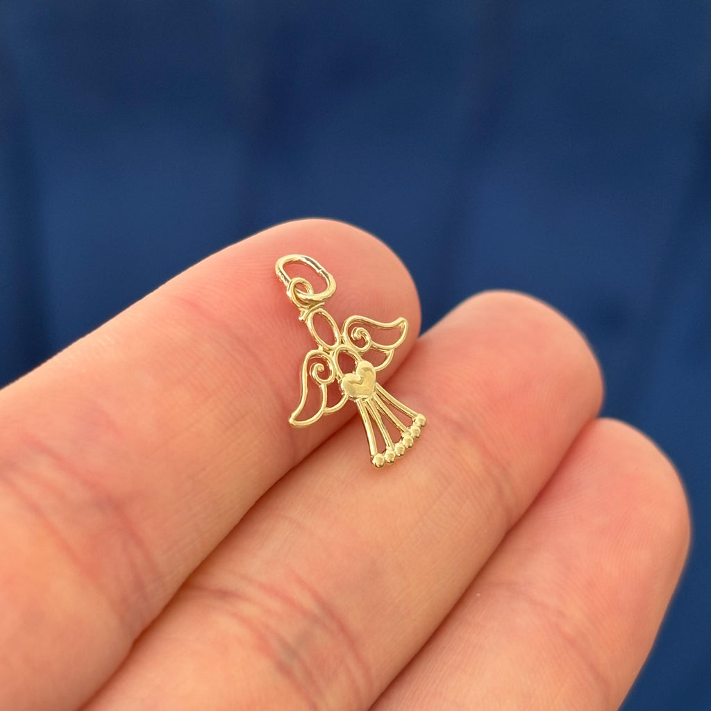 14k Gold Polished Small Angel and Heart Charm Pendant
