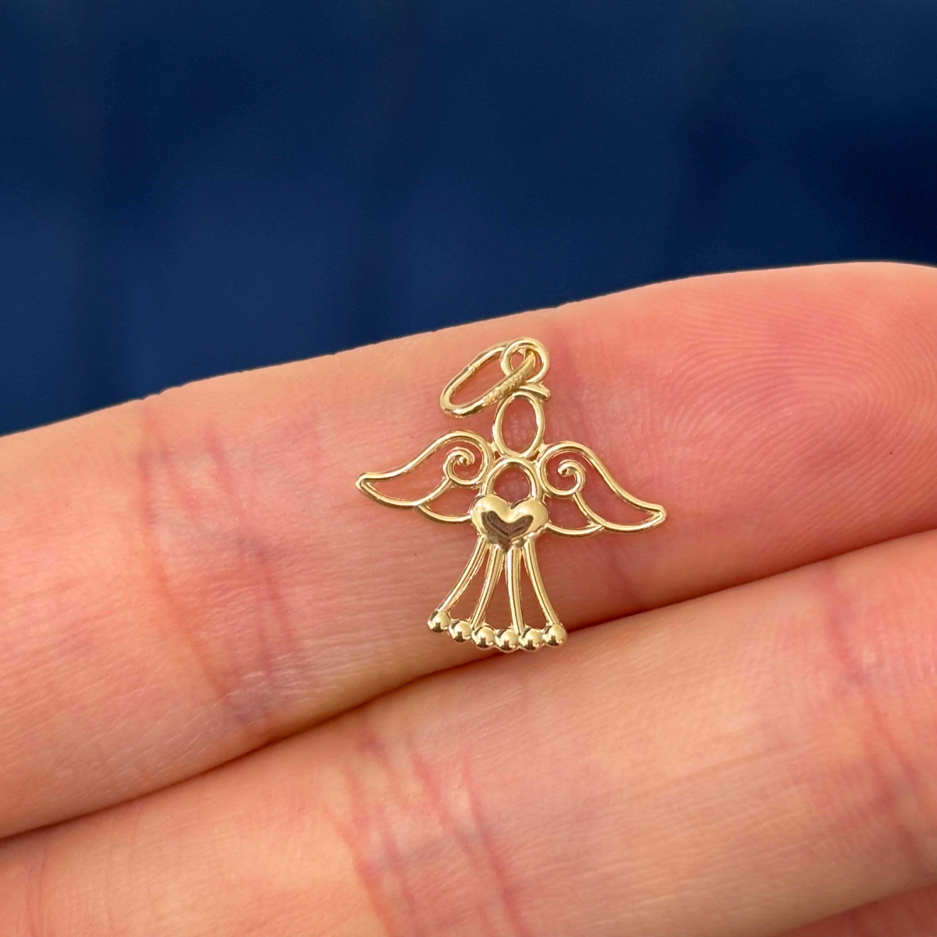 14k Gold Polished Small Angel and Heart Charm Pendant