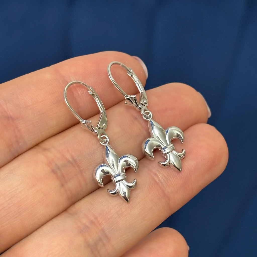 14K White Gold Fleur-de-Lis Dangle Earrings